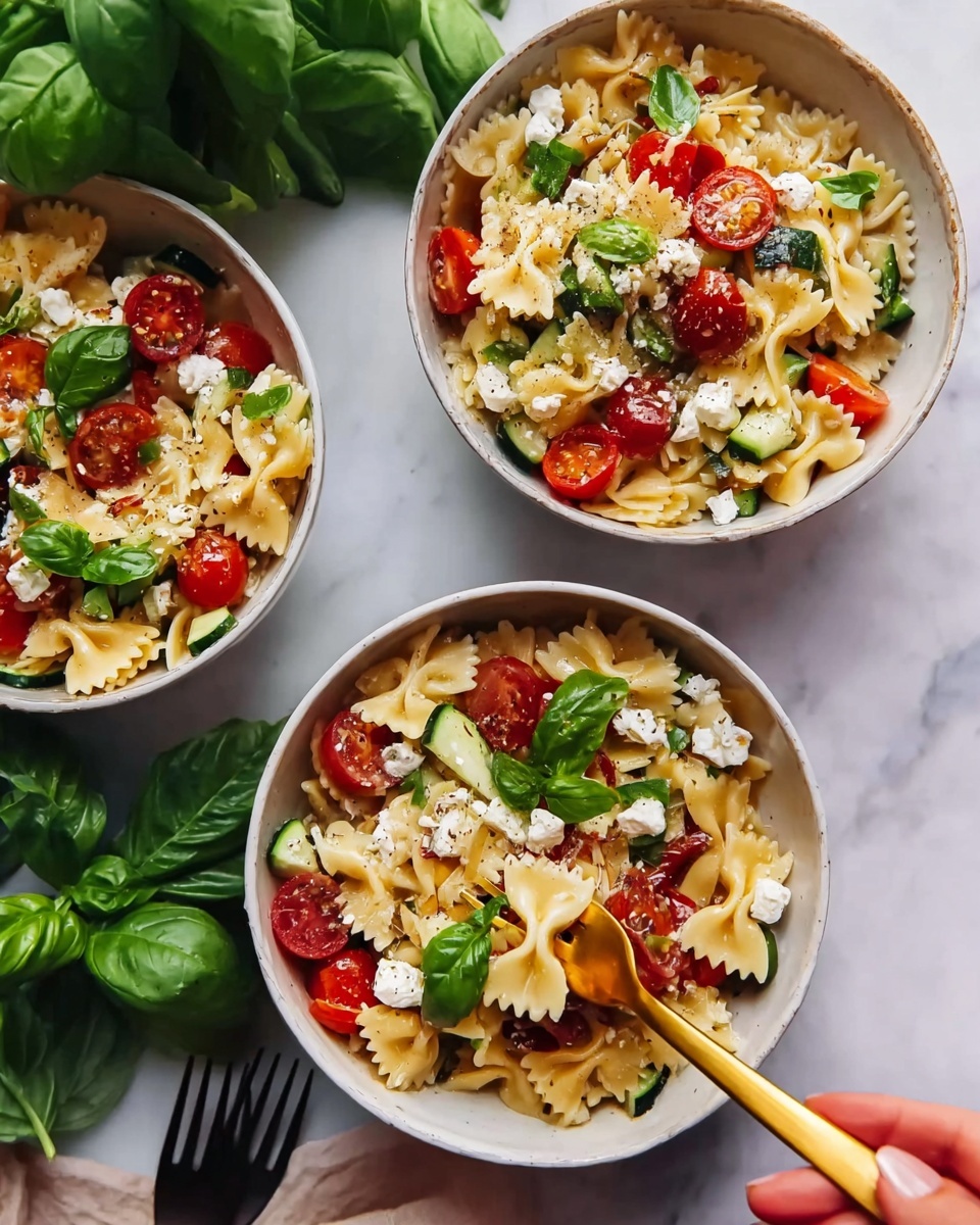 The image shows three white bowls filled with a colorful pasta salad, each bowl containing three layers: the base layer is light yellow bowtie pasta, the middle layer includes bright red cherry tomatoes and sliced green zucchini, and the top layer is sprinkled with white feta cheese chunks and fresh green basil leaves. In the closest bowl, a woman's hand holds a golden fork scooping up some pasta with tomatoes and cheese. The bowls sit on a white marbled surface with a bunch of fresh basil leaves nearby, and a black fork rests between two bowls. photo taken with an iphone --ar 4:5 --v 7