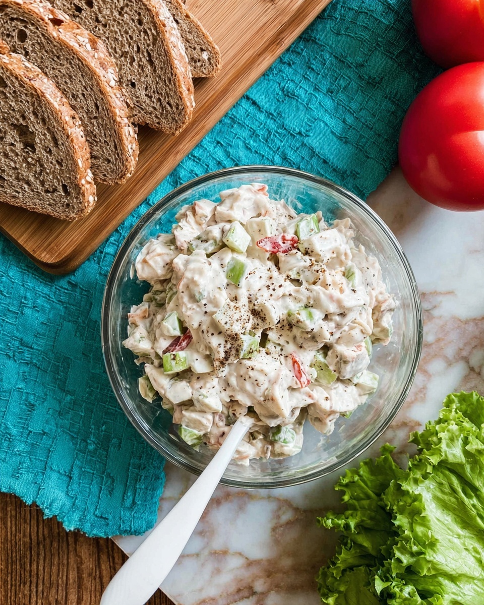 A clear glass bowl in the center filled with a chunky white salad that has small pieces of green celery, red bits, and black pepper on top; a white spoon is placed inside the bowl. To the left, there is a wooden cutting board with several slices of multigrain bread resting on the white marbled surface underneath. A bright turquoise cloth is spread out under the bowl extending towards two red tomatoes on the right side. At the bottom right corner, fresh green lettuce leaves sit on the white marbled texture. Photo taken with an iphone --ar 4:5 --v 7