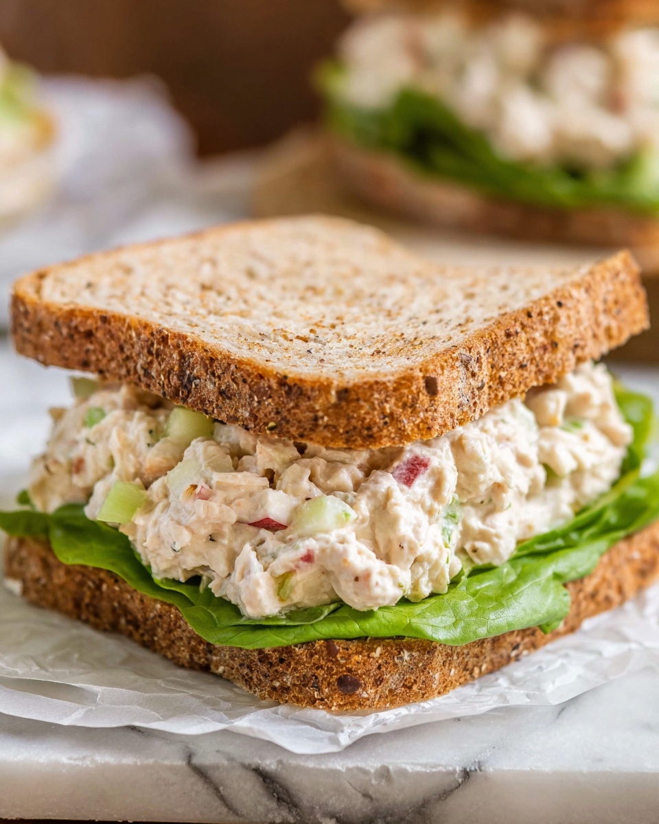A sandwich stacked in two layers sits on a wooden board with a white marbled background. The base and middle layer are whole grain brown sandwich bread with a textured crust. Between the bread layers, there is a thick filling of creamy chicken salad mixed with small pieces of celery and red bell pepper, showing a soft white and light green color with specks of red. Underneath the creamy filling in both layers, bright green leafy lettuce adds fresh color and texture. The sandwich is cut in half and stacked so the layers are visible. A knife with a white handle lies next to the sandwich. Photo taken with an iphone --ar 4:5 --v 7