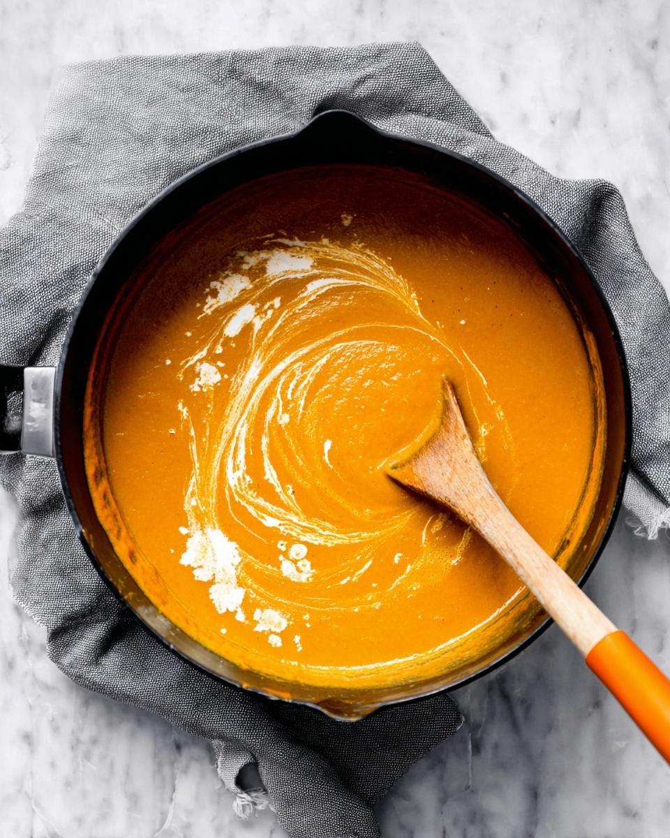 A black pot filled with thick, smooth orange soup with a slightly uneven texture is placed on a grey cloth over a white marbled surface. There is a swirl of white cream on the soup’s surface, creating a contrast with the orange color. A wooden spoon with an orange silicone tip rests on the right side inside the pot, partially covered by the soup. Photo taken with an iphone --ar 4:5 --v 7