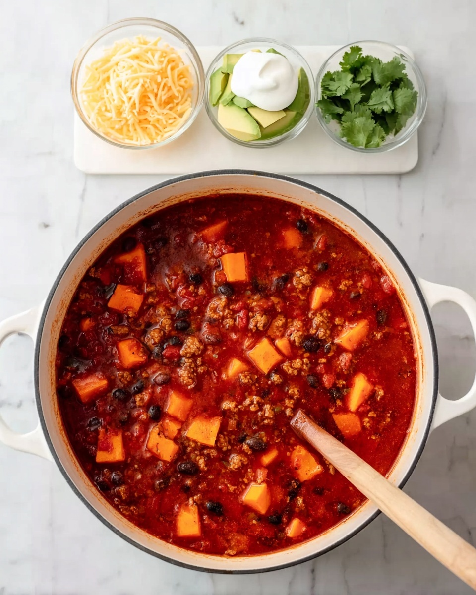 A large white round pot filled with red tomato-based chili with visible chunks of orange sweet potatoes, black beans, and ground meat pieces; a wooden spoon rests inside the pot spreading over the chili. Next to the pot on the top right corner, there is a small white rectangular plate with three small glass bowls containing sliced green avocado, shredded yellow cheese, and white sour cream with a few green cilantro leaves on the plate. The pot and plate are placed on a white marbled textured surface. photo taken with an iphone --ar 4:5 --v 7