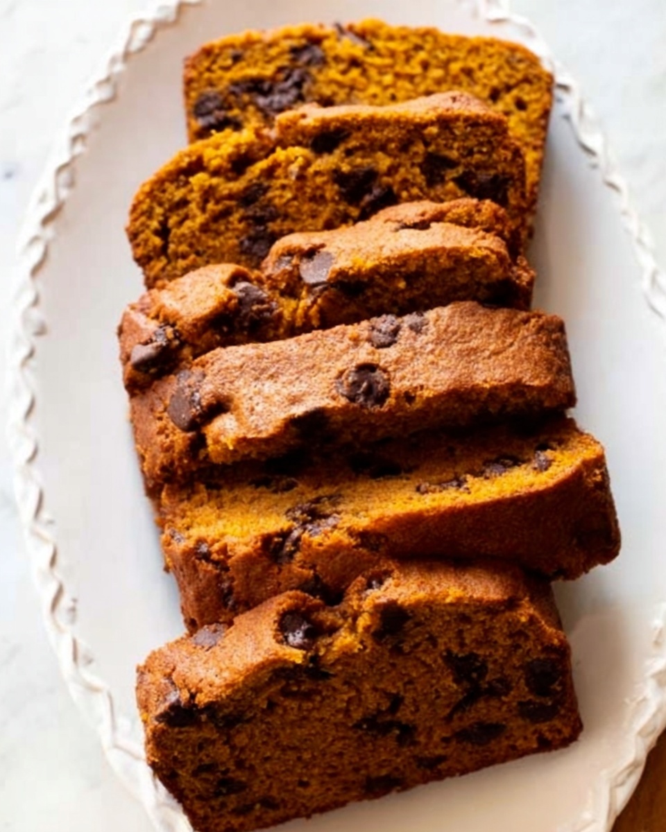 A close-up view of a freshly sliced loaf of pumpkin bread placed on a wooden board. The bread shows one cut slice in front with a rich brown color, a soft, moist texture visible on the outer crust and inside crumb. The background is softly blurred, featuring autumn-themed decorations, including pumpkins and warm-toned leaves. The whole scene sits on a white marbled surface. photo taken with an iphone --ar 4:5 --v 7