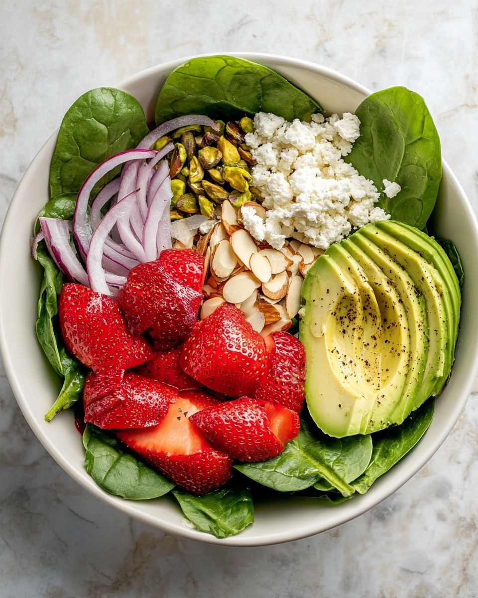A white bowl sits on a white marbled surface, filled with a colorful fresh salad. The base layer is made of large, dark green spinach leaves spread evenly inside the bowl. On top, there is a layer of bright red, halved strawberries placed in the bottom left area. To the top left of the strawberries are small chopped green pistachios. Thin, curved slices of purple-red onion are positioned near the middle left. At the top center, there is a pile of white, crumbly cheese. To the right of the cheese, there is a small mound of toasted, light brown almond slices. Finally, on the right side, thinly sliced layers of creamy light green avocado with black pepper sprinkled on top are fanned out over the spinach. The image shows a clean and fresh look, photo taken with an iphone --ar 4:5 --v 7