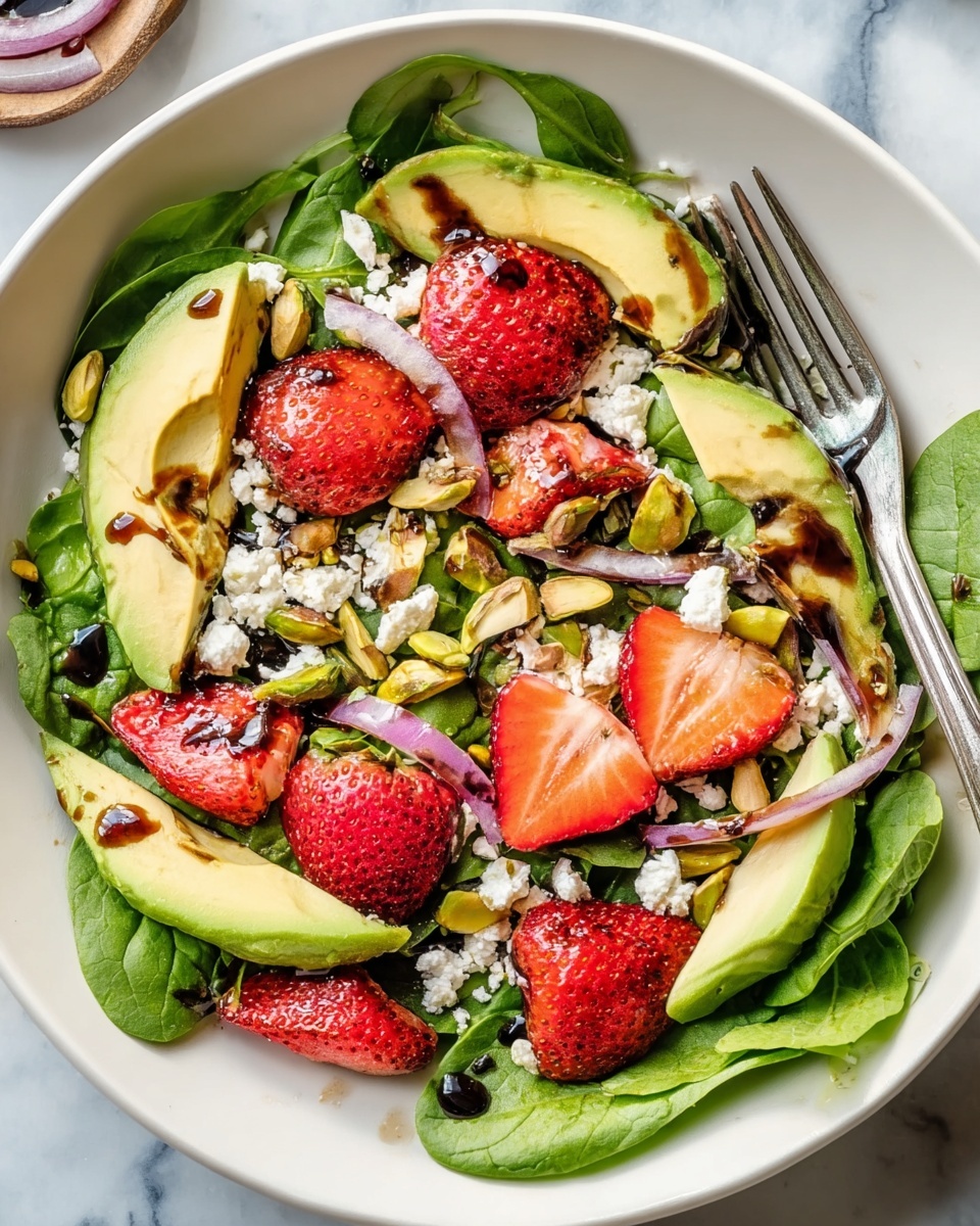 A white bowl filled with a fresh salad showing three main layers. The bottom layer is bright green spinach leaves spread evenly. On top, there are ripe red strawberry halves placed around the bowl, along with slices of pale green avocado fanned out on one side. The salad is sprinkled with white crumbly cheese, thin purple onion slices, and small brown almond slivers scattered evenly. A thick dark brown dressing is being poured from a light gray ceramic cup onto the center of the salad. The whole scene is set on a white marbled surface with another salad bowl partially visible in the background, photo taken with an iphone --ar 4:5 --v 7