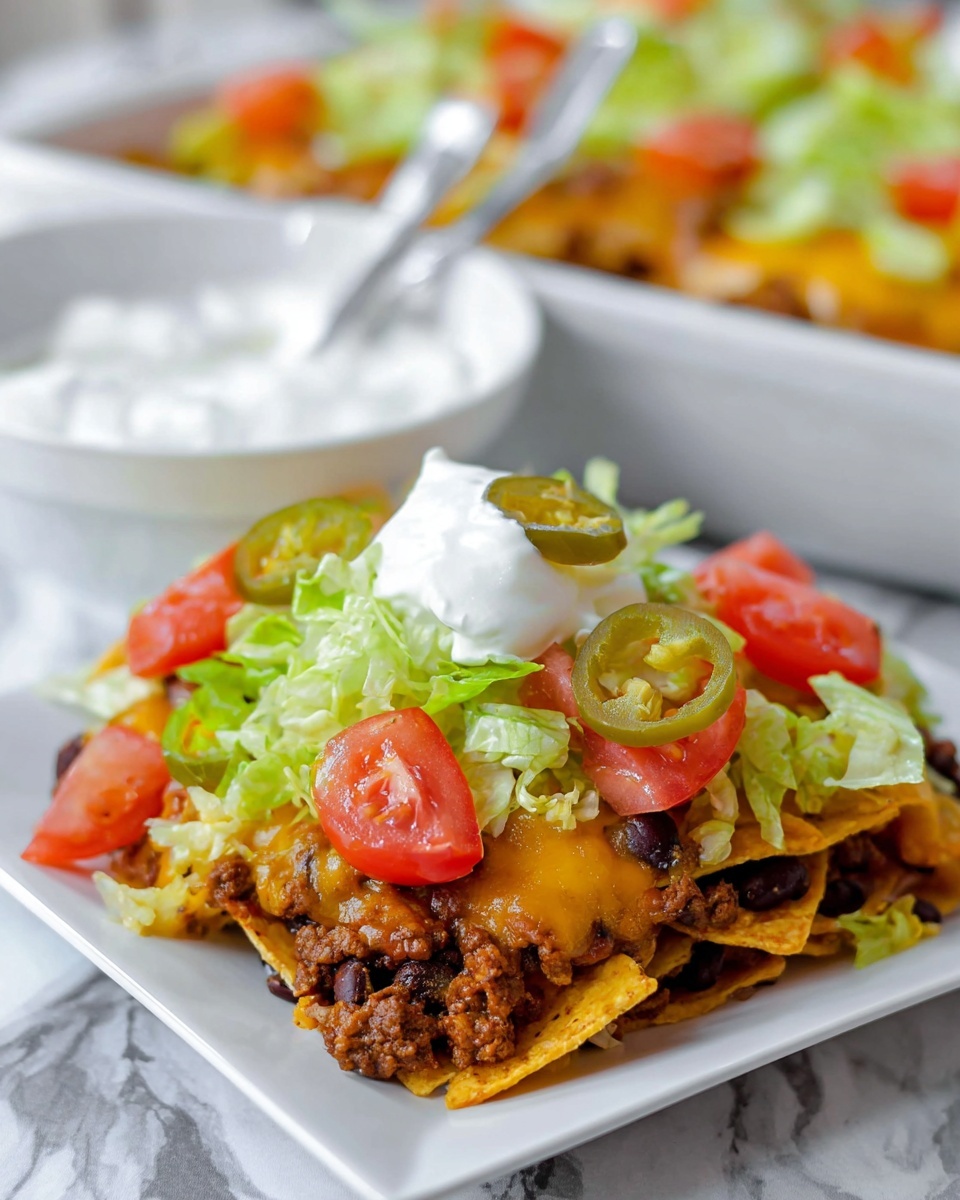 A white square plate holds a layered nacho dish with four main layers: at the bottom are yellow corn chips, followed by a layer of browned ground beef mixed with black beans and melted orange cheese on top, giving a smooth, slightly shiny texture. The third layer is fresh, chopped light green lettuce spread over the top, with bright red tomato wedges arranged around the plate edges and a single green jalapeño slice resting near the center. A dollop of white sour cream sits on top of the lettuce near the middle, adding a soft creamy texture. In the blurred background, a white bowl filled with more sour cream has a silver spoon, and behind that there is a white marbled surface. photo taken with an iphone --ar 4:5 --v 7