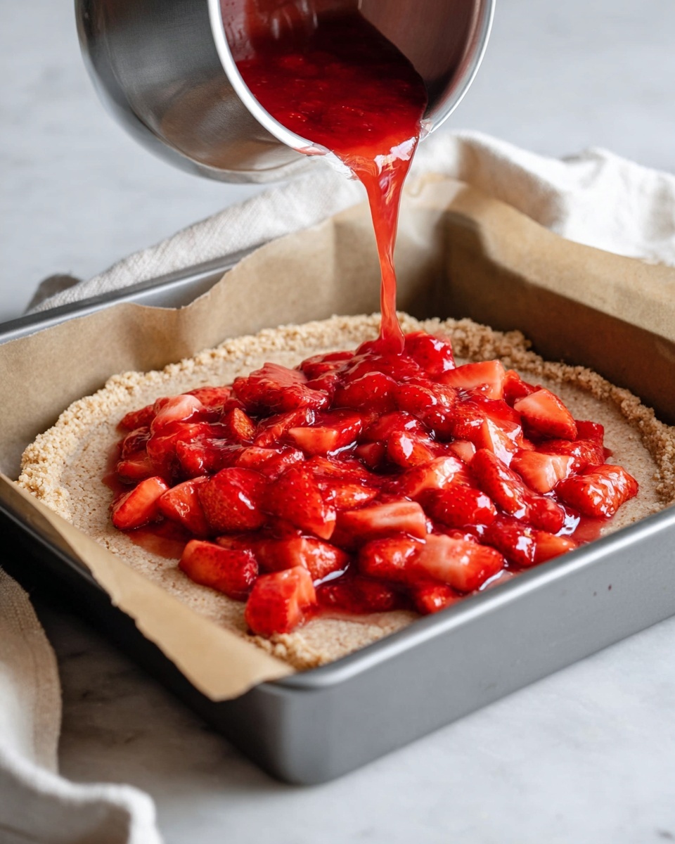 A baking pan lined with parchment paper holds a thick, rough-textured beige crust as the base layer. Over the crust, a shiny, bright red layer of chopped strawberries with syrup is being poured from a silver pot, creating a fresh and juicy second layer that covers part of the crust. The scene is set on a white marbled surface with a light-colored cloth nearby. photo taken with an iphone --ar 4:5 --v 7