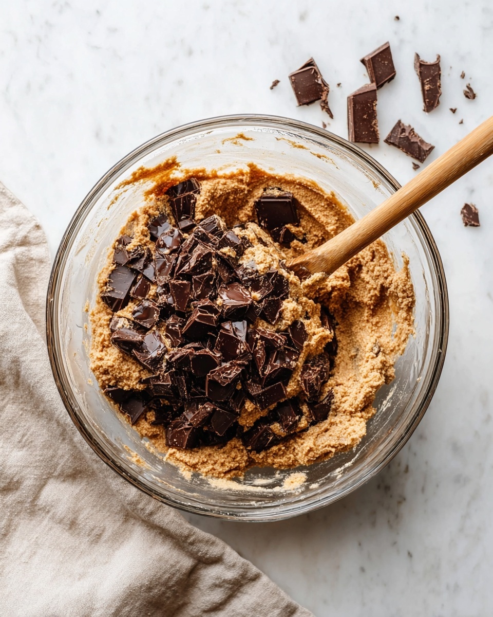 A clear glass bowl sits on a white marbled surface with a beige cloth nearby. Inside the bowl, there is a thick, light brown mixture forming the first layer with a coarse texture, mostly pushed to the side. The second layer consists of large dark brown chopped chocolate chunks spread unevenly on top of the mixture. A wooden spoon rests in the bowl, partially covered by the mixture and chocolate pieces. Some chopped chocolate pieces are scattered on the white marbled surface near the top edge of the bowl. Photo taken with an iphone --ar 4:5 --v 7