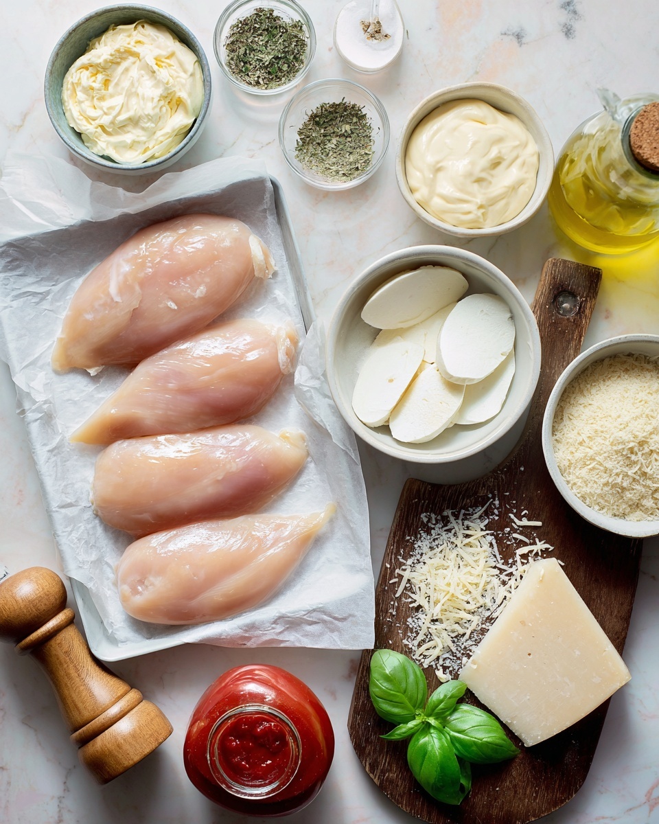 A white tray holds four smooth, shiny, raw pale pink chicken fillets lined with white paper on a white marbled surface. A small white bowl nearby contains mixed green dried herbs, and next to it is a white bowl filled with creamy pale yellow mayo. To the right, a white bowl contains thick slices of white mozzarella cheese with a few fresh green basil leaves resting beside it. Various small bowls and containers scattered around have white flour, pale brown breadcrumbs, shredded white cheese on a dark wooden board with a solid piece of the same cheese nearby, and a clear bottle of light yellow oil tipped slightly. A wooden pepper grinder, a small wooden bowl filled with salt, and a jar of red tomato sauce are also present, creating a light and fresh cooking scene. Photo taken with an iphone --ar 4:5 --v 7
