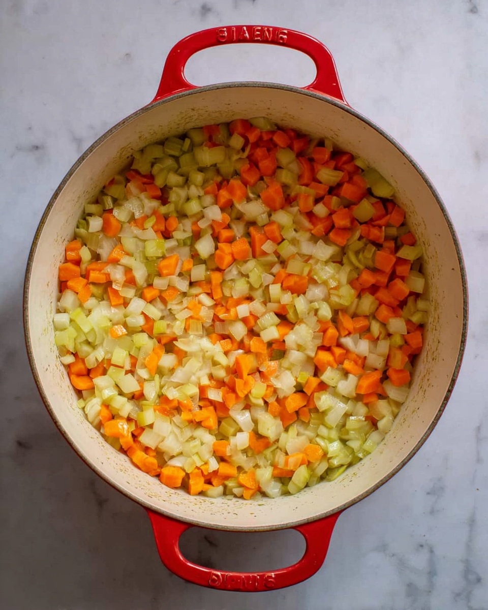Inside a large round pot with red handles, there is a single layer of small diced vegetables. The vegetables include bright orange carrots, light yellow onions, and pale green celery pieces, all mixed evenly. The inside of the pot is white, slightly stained from cooking. The pot sits on a white marbled surface. The view is from above, showing the colorful vegetables clearly against the pot's white interior. photo taken with an iphone --ar 4:5 --v 7
