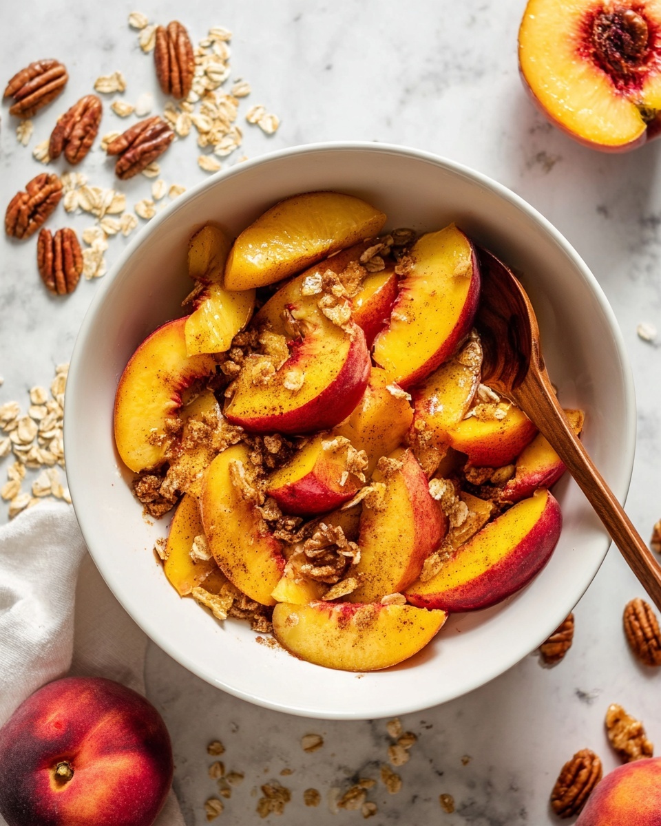 A white bowl filled with three main layers of sliced peaches coated with cinnamon and small bits of oat flakes and pecans. The peach slices are a mix of red and yellow colors with a shiny texture, showing the softness of the fruit. A wooden spoon rests inside the bowl on the left side. Around the bowl, there are whole peach halves, pecans, and scattered oat flakes on a white marbled surface. The lighting highlights the fresh and juicy look of the peaches. photo taken with an iphone --ar 4:5 --v 7