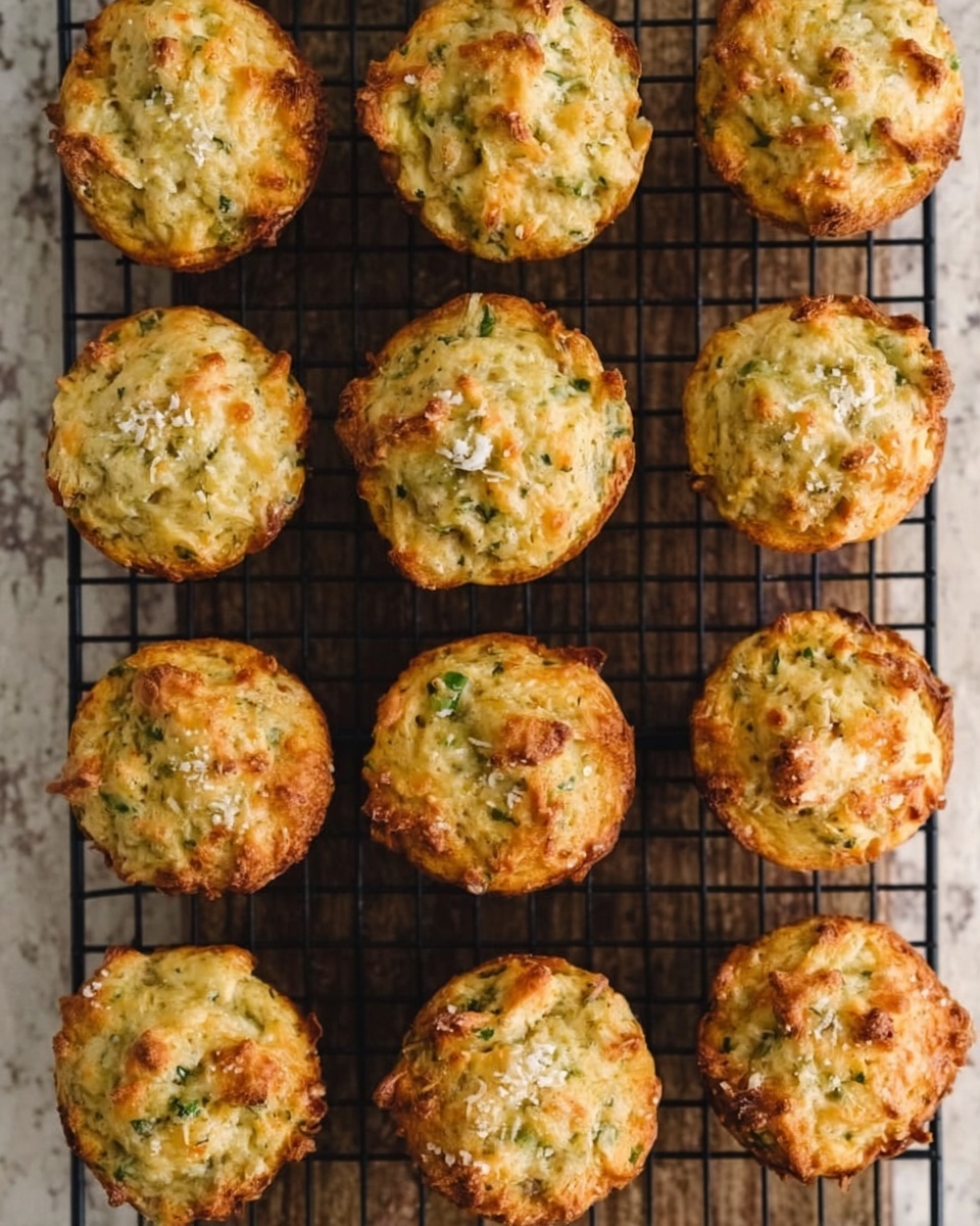 Twelve round, golden-brown savory muffins are arranged neatly in a grid on a black cooling rack, each muffin showing a textured top with bits of green herbs and light tan cheese baked into the surface. The muffins have a slightly rough, craggy look on top, with small flecks of white sprinkled across them. The background is a white marbled texture that contrasts softly with the warmth and color of the muffins and the black rack. Photo taken with an iphone --ar 4:5 --v 7