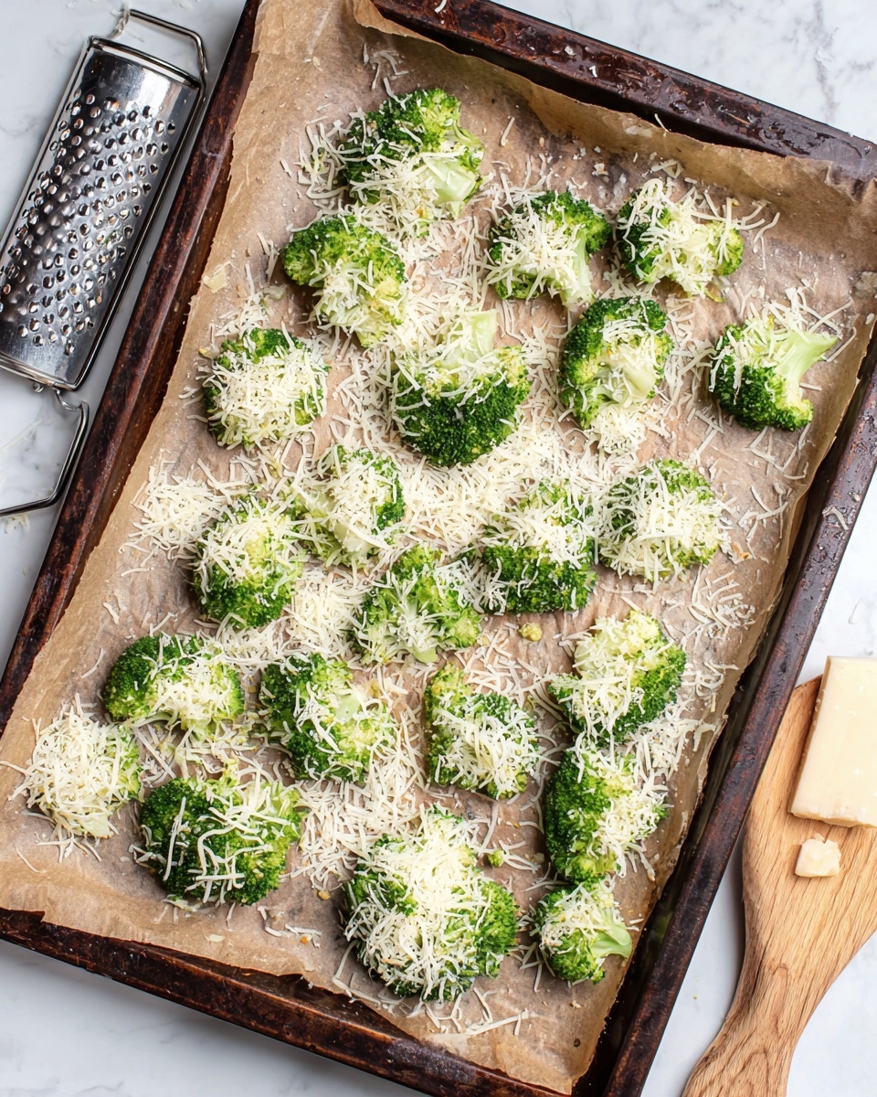 A dark baking tray lined with light brown parchment paper holds a single layer of roasted broccoli pieces. The broccoli is green with some parts turning golden brown and crispy. There are small bits of melted cheese scattered on and around the broccoli, adding a pale yellow texture. The tray is set on a white marbled surface. Nearby, a metal grater with fine grooves leans against the marble, a colander with broccoli florets is partially visible in the top left corner, and two whole yellow lemons with a wooden citrus juicer rest in the top right area. Photo taken with an iphone --ar 4:5 --v 7