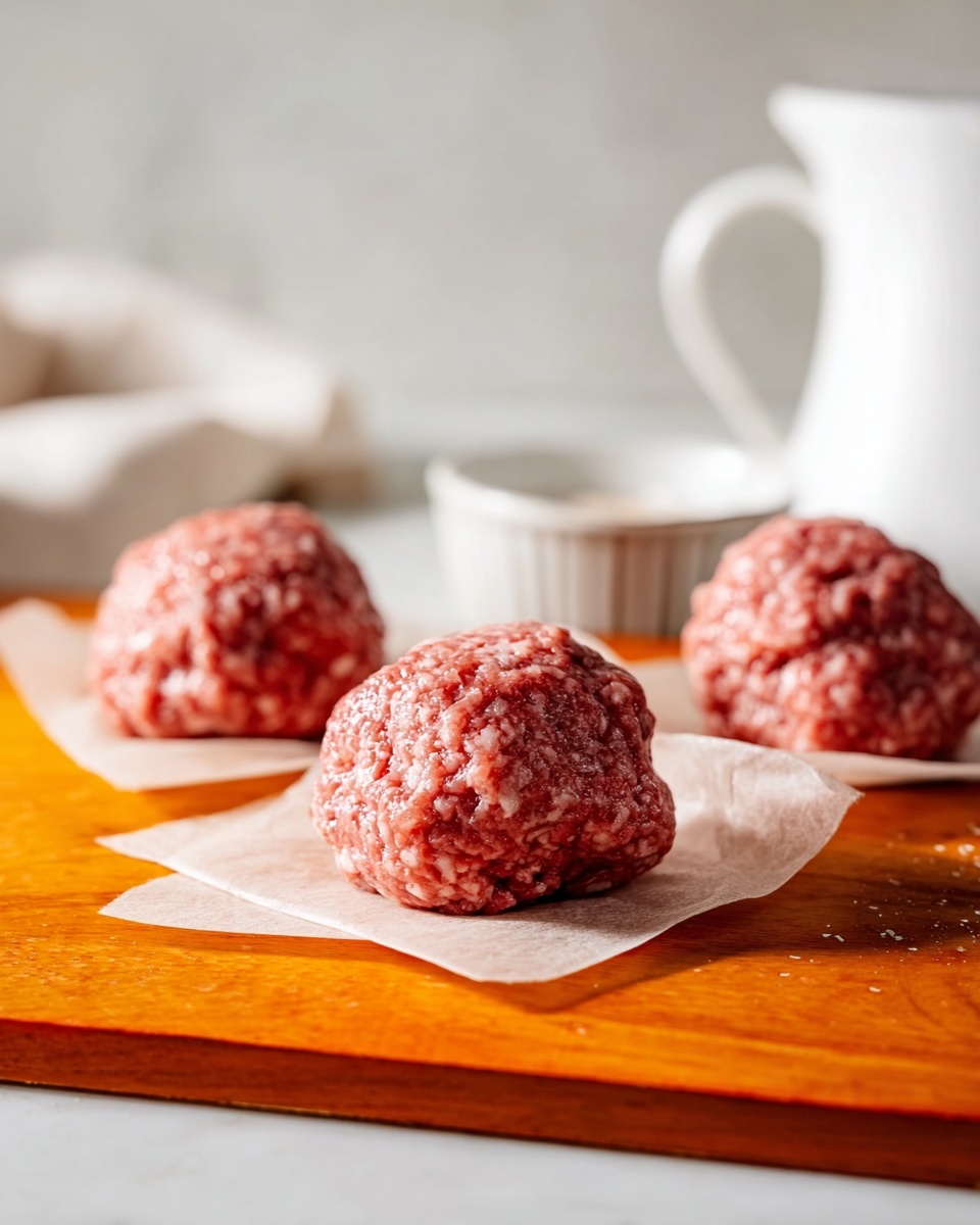 The image shows four raw meatballs with a rough texture and a pinkish-red color, each resting on separate beige parchment paper squares. The meatballs are placed on a wooden board with a warm, orange tone. In the blurred background, there is a large white pitcher and a small white dish on a white marbled surface. The scene is bright with soft natural light highlighting the details of the meatballs and the wooden board. photo taken with an iphone --ar 4:5 --v 7