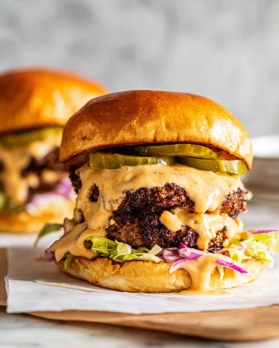 The image shows a tall burger with three layers of cooked beef patties, each separated and topped with melted yellow cheese. The patties and cheese rest on a toasted soft bun bottom, with a creamy orange sauce dripping down the sides. The top bun is lightly browned and placed on top, slightly off-center. In front of the burger, there are two thick slices of red tomato with green lettuce underneath, resting on a white marbled surface. To the left of the burger is a small white bowl filled with crispy golden fries, some fries scattered around the board. Behind the burger, there is a dark bottle blurred in the background. Next to the fries and sauce bowl, a woman's hand is partially holding the edge of the board. Photo taken with an iphone --ar 4:5 --v 7
