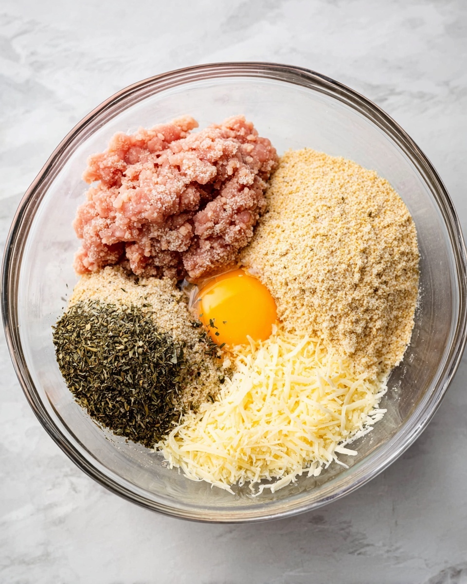 A clear glass bowl contains five separate layers of ingredients. On the top left, there is a pile of pink ground meat with a tender texture, next to it on the right is a mound of light tan breadcrumbs with a coarse texture. Below the meat on the left, there is a heap of dried dark green herbs with fine leaves. Beside the herbs to the right, there is a whole raw egg with a bright yellow yolk and clear whites. Finally, on the bottom right, there is a pile of finely grated pale yellow cheese. The bowl sits on a white marbled surface photo taken with an iphone --ar 4:5 --v 7