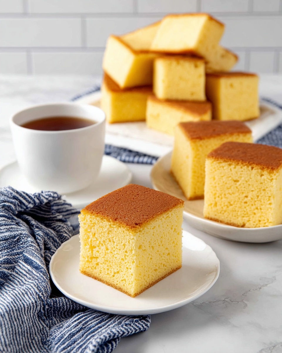 The image shows several pieces of golden yellow sponge cake with a soft, airy texture and a light brown crust on the top and bottom. Two square pieces sit on a white plate in the front, while another two pieces are on a white plate behind them. More sliced pieces of the same cake are stacked on a white rectangular plate in the background. To the left, there is a white cup filled with dark tea on a white saucer. A blue and white striped cloth is spread casually on a white marbled surface underneath the plates and cup. The background has a plain white tiled wall. Photo taken with an iphone --ar 4:5 --v 7