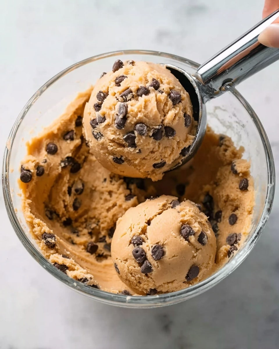 The image shows a clear glass bowl filled with light brown chocolate chip cookie dough, with small dark chocolate chips spread throughout. A metal ice cream scoop is held by a woman's hand, scooping a round ball of dough from the bowl, with another round ball of dough resting on the surface inside the bowl. The background is a white marbled texture. Photo taken with an iphone --ar 4:5 --v 7