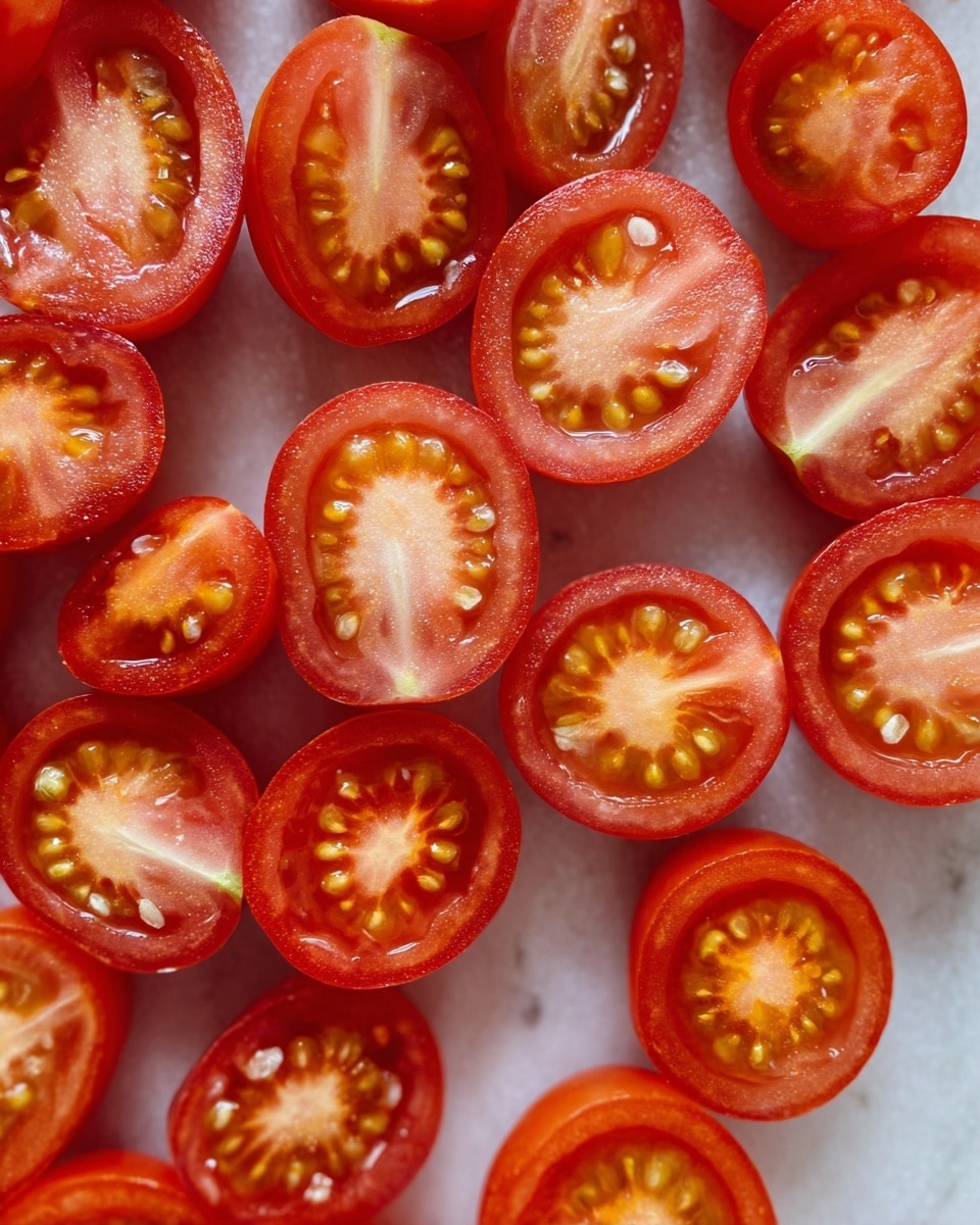 The image shows many small red cherry tomatoes sliced in half, spread close together on a white marbled surface. Each tomato half reveals a shiny, juicy inside with pale yellow seeds arranged in a star-like pattern surrounding the core. The tomato skin is smooth and glossy, with a vibrant red color contrasting the lighter, wet interior. The photo is focused up close, highlighting the texture and moisture of the tomato flesh, with natural light bringing out the freshness. photo taken with an iphone --ar 4:5 --v 7
