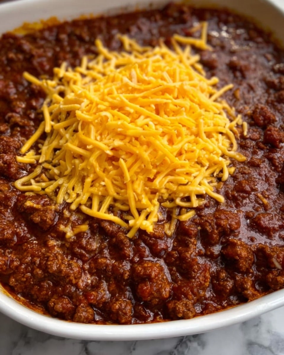 The image shows a close-up of a white baking dish filled with dark brown cooked ground meat mixed with a thick sauce covering the entire bottom layer. In the center, there is a pile of bright yellow shredded cheese sitting on top of the meat. The surface is a white marbled texture underneath the dish. Photo taken with an iphone --ar 4:5 --v 7