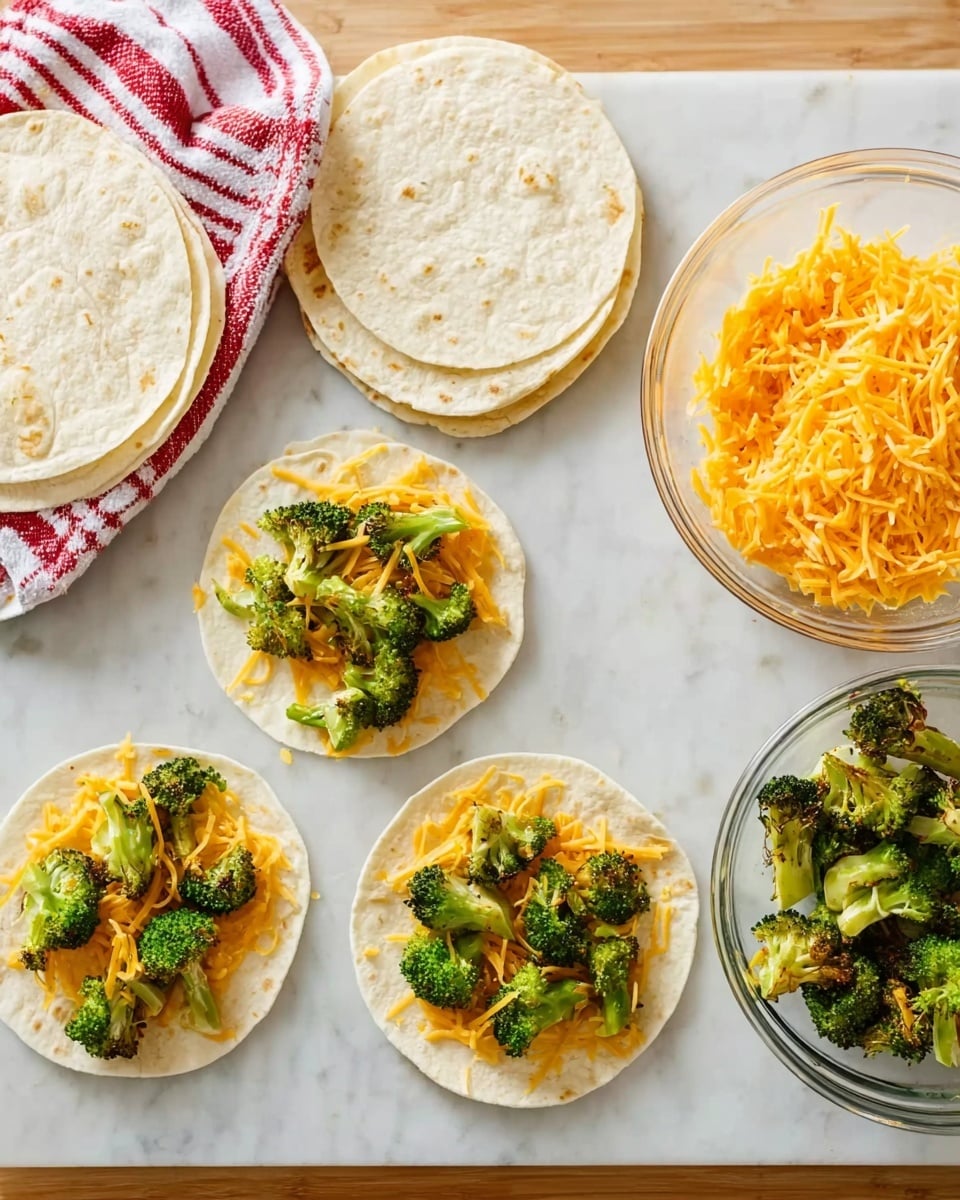 The image shows four small white tortillas laid flat on a white marbled surface. Each tortilla has a layer of shredded orange cheese spread evenly across it, topped with small, roasted green broccoli florets scattered over the cheese. Above the tortillas to the right, there is a clear glass bowl filled with more shredded orange cheese, and to the left side of the tortillas, there is a clear glass bowl holding more roasted broccoli pieces. At the top of the image, there are four more plain white tortillas stacked together. A woman's hand with a striped red and white towel under the bowl of cheese is slightly visible. Photo taken with an iphone --ar 4:5 --v 7