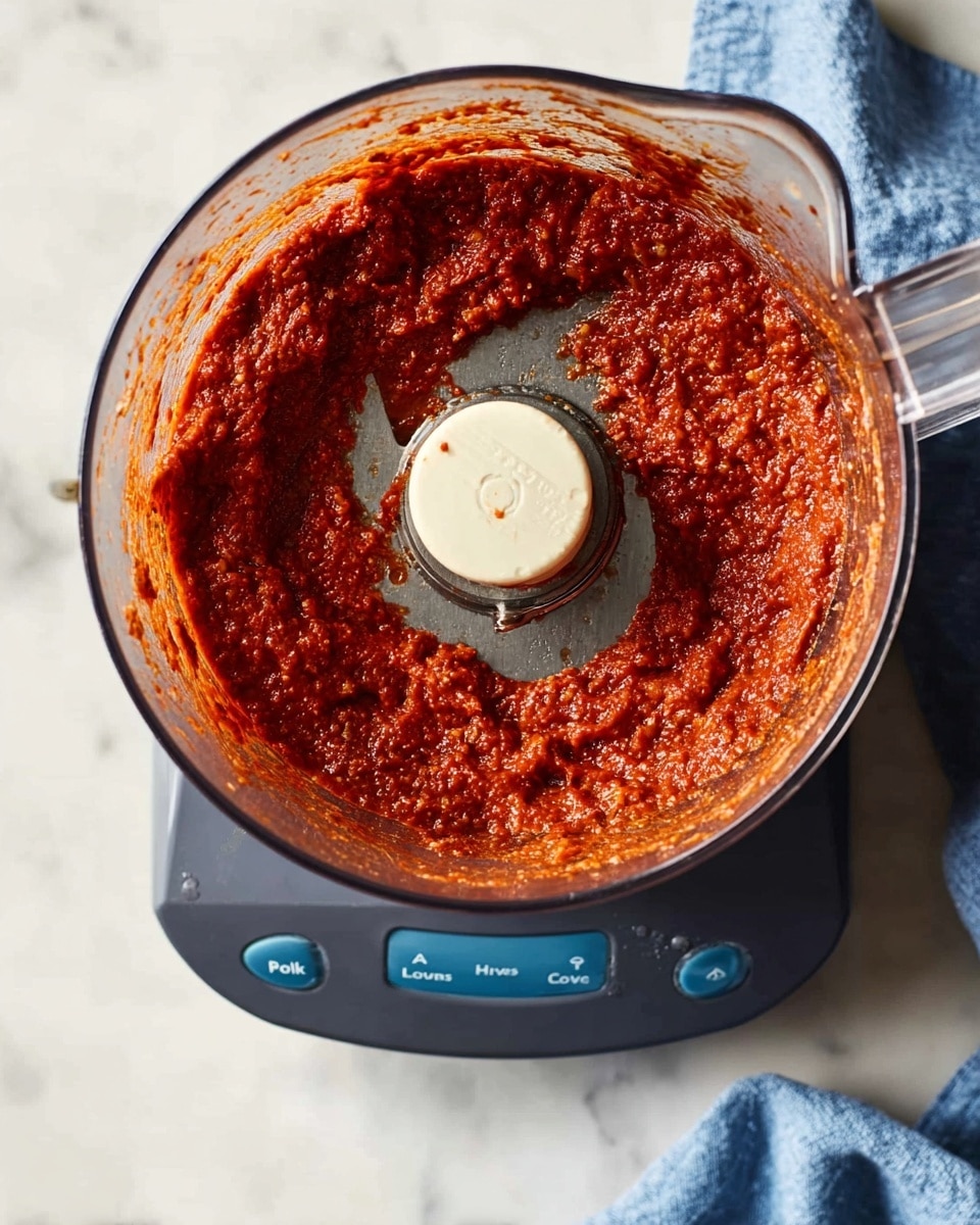 A top view of a food processor containing a thick, chunky red sauce with a textured, slightly oily surface. The sauce fills most of the clear plastic bowl, showing shades of deep red and hints of darker bits. The metal blade inside the processor is partially coated with the sauce. The processor base is dark gray with blue buttons labeled High, Low, and Pulse. The setup is placed on a white marbled surface with a folded blue cloth nearby. Photo taken with an iphone --ar 4:5 --v 7