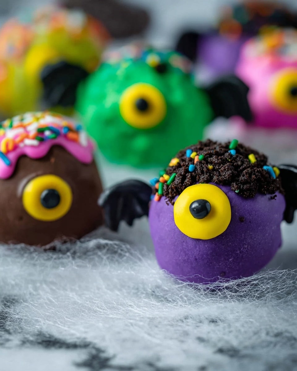 The image shows a close-up of five round treats designed to look like colorful monster eyes. The first monster eye in the front is purple with a large yellow and black candy eye in the middle and colorful rainbow sprinkles on top. Next to it is a green monster eye with a similar large yellow and black candy eye but topped with dark crumbs. Behind these front two, there are three more monster eye treats. One is bright green with a yellow candy eye and pink icing, another is dark brown with a yellow candy eye and large black candy wings on each side, and the last one, blurred in the back, has a bright purple body with a single yellow eye surrounded with colorful sprinkles. All the treats rest on a soft grey spider web decoration against a white marbled surface, making the colors of the monster eyes stand out vividly. Photo taken with an iphone --ar 4:5 --v 7
