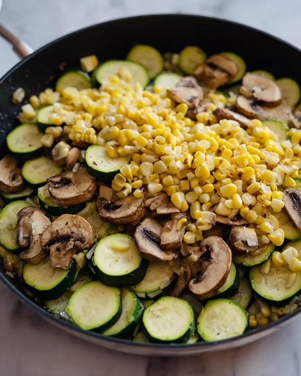 Sweet Corn and Zucchini Pie Recipe 4 A close-up of a black frying pan filled with layers of cooked vegetables sitting on a white marbled surface. The bottom layer shows sliced zucchini rounds with green skin and pale inner flesh, spread evenly around the pan. On top of the zucchini, there are browned mushroom slices with a soft, slightly wrinkled texture scattered throughout. The top layer is a generous pile of yellow and white corn kernels, creating a bright, fresh contrast to the mushrooms and zucchini. Some corn kernels have spilled over the edge of the pan onto the white marbled surface. The photo is clear and natural, showing the textures of the vegetables well. photo taken with an iphone --ar 4:5 --v 7
