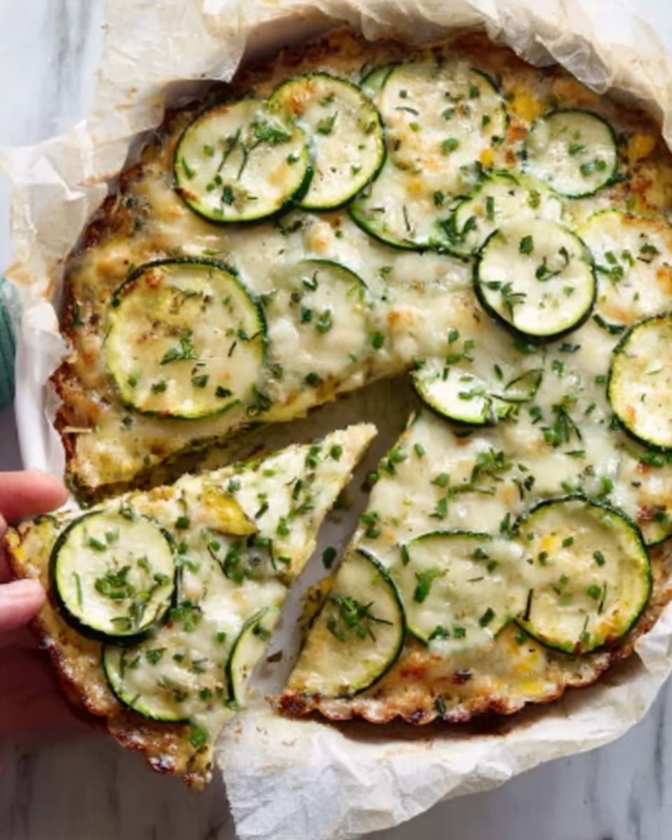 Sweet Corn and Zucchini Pie Recipe 5 The image shows a close-up of a baked vegetable dish with a golden-brown melted cheese layer on top, dotted with small yellow corn kernels and finely chopped green herbs. Underneath, thin round slices of green zucchini are visible, partially covered by the creamy white cheese layer. The dish is in white parchment paper, slightly wrinkled, lining a round baking pan. A metal spatula is lifting a portion, revealing soft textures with melted cheese stretching slightly. The background features a white marbled surface and a blurred cloth, giving a fresh and clean look. photo taken with an iphone --ar 4:5 --v 7