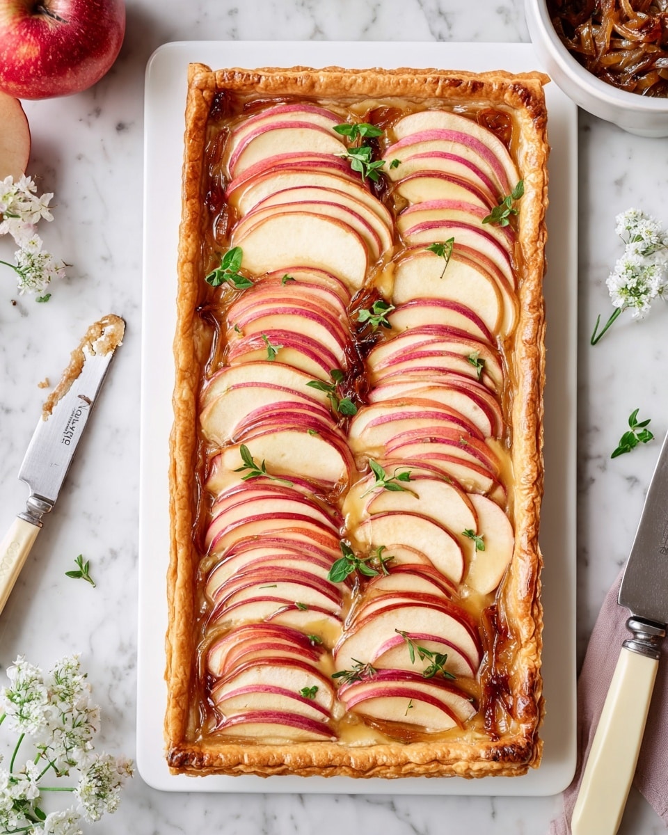 Apple Cheddar Galette Recipe 5 A rectangular tart with a golden brown, flaky crust forms the base and border. Inside, there are nine sections, each filled with thin, overlapping slices of apple arranged in a semi-circle pattern, showing red and light cream colors with a glossy finish. Small green herb leaves are sprinkled lightly on top. The tart is placed on a white rectangular plate with a few small white flowers scattered around. Nearby, there is a white bowl with caramelized onions and a knife with a cream handle on a white marbled surface. Photo taken with an iphone --ar 4:5 --v 7
