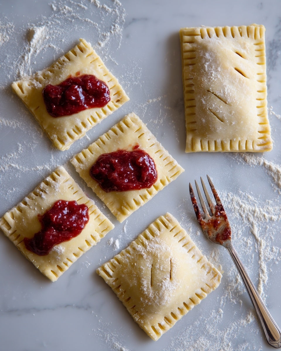 The image shows a white marbled surface with a piece of pale yellow dough cut into six squares. Three of the squares have a thick, dark red jam spread on one side near the edge. There is one fully sealed rectangular pastry off to the side, with small fork marks around the edges and three small slits on the top. The dough squares have a light dusting of flour on them. The overall scene looks like the early step of making fruit-filled pastries. Photo taken with an iphone --ar 4:5 --v 7