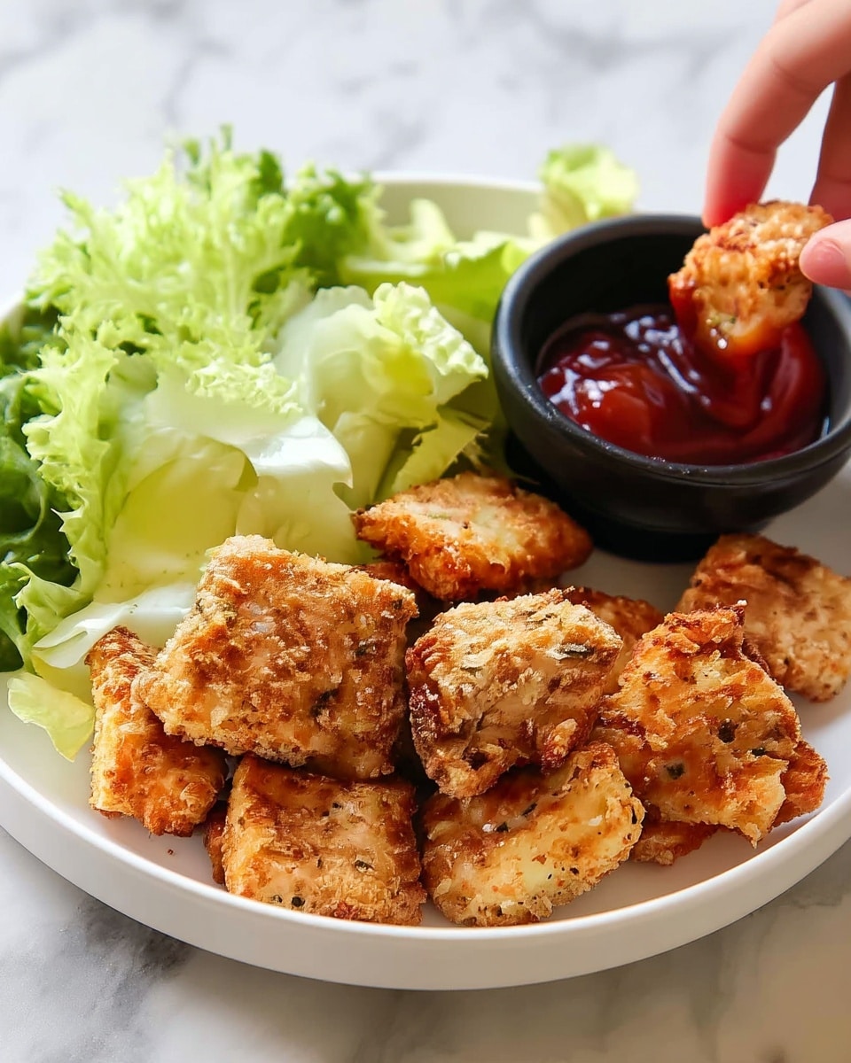 The image shows a white plate on a white marbled surface, filled with golden-brown, crispy nuggets arranged in a pile mostly on the right side. On the left side of the plate, there is a small black bowl filled with bright red ketchup. Below the bowl, there is a small pile of fresh light green lettuce leaves. The nuggets have a crumbly, textured coating, showing hints of herbs and spices. photo taken with an iphone --ar 4:5 --v 7