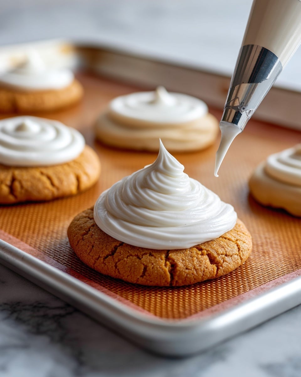 Strawberry Pop Tart Sugar Cookies Recipe 4 The image shows a close-up of a round cookie with a cracked, light brown surface resting on a baking tray lined with a textured mat. On top of the cookie, smooth white icing is being squeezed out in a swirl from a metal piping tip, creating a neat spiral layer of frosting. In the background, several similar cookies are visible, slightly blurred, on the same textured mat and baking tray. The whole scene is set against a white marbled surface. photo taken with an iphone --ar 4:5 --v 7