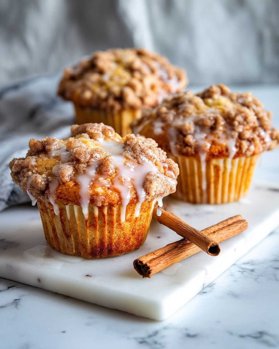 A close-up view of a crumb-topped muffin torn apart to show its soft, golden interior with syrup oozing on top, placed on a white marbled surface with two whole cinnamon sticks next to it, surrounded by more whole muffins in white paper liners, and some empty liners visible on the side, giving a warm, cozy feel. photo taken with an iphone --ar 4:5 --v 7
