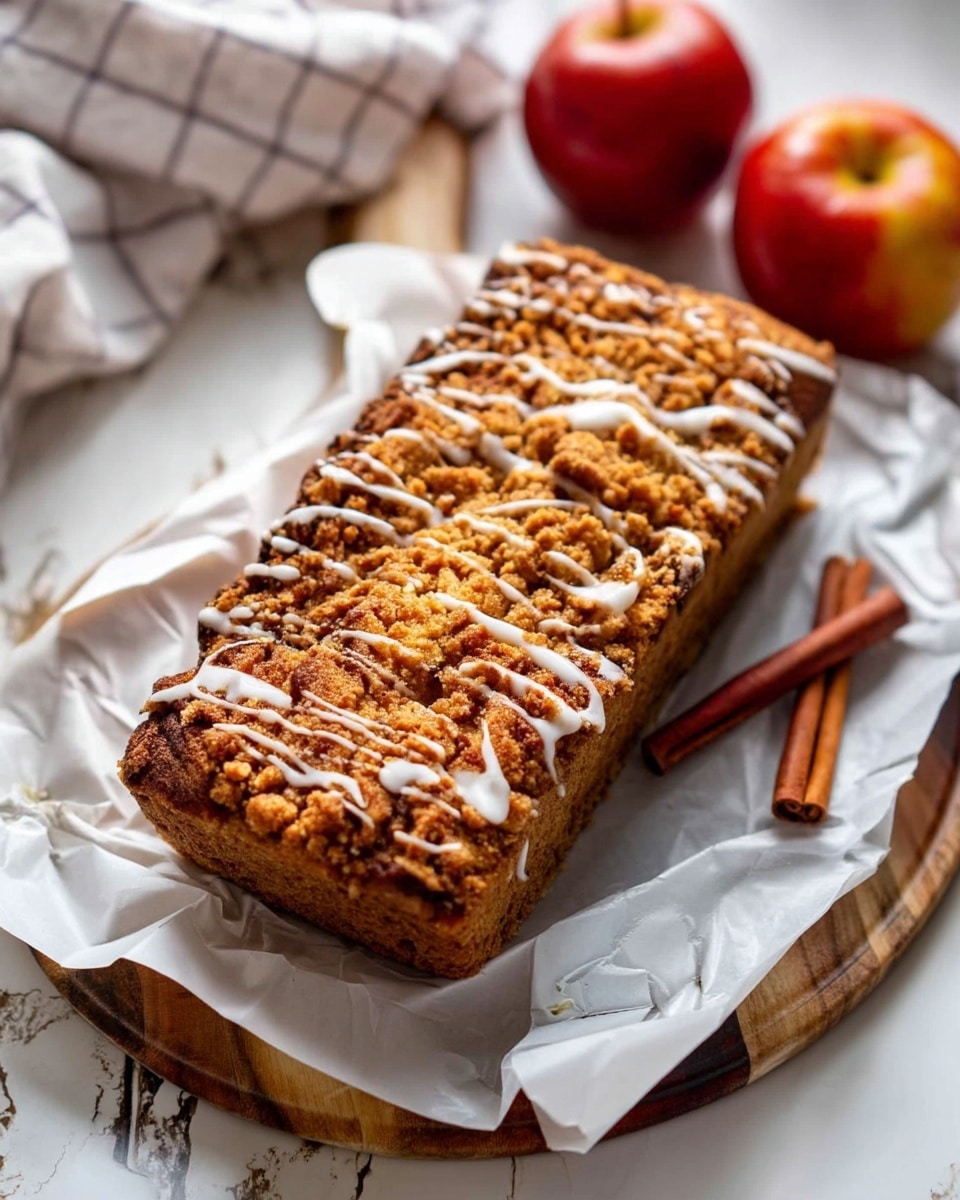 A rectangular loaf of crumb cake sits on crumpled white parchment paper over a wooden board, topped with a light drizzle of white icing creating thin lines across its rough, golden-brown crumb surface. The crumb layer looks crunchy and textured, while the cake below is slightly darker and solid. Two brown cinnamon sticks rest next to the loaf on the parchment. Bright red apples and a white cloth with a brown checkered pattern are visible in the background, with all items placed on a white marbled surface. The photo taken with an iphone --ar 4:5 --v 7
