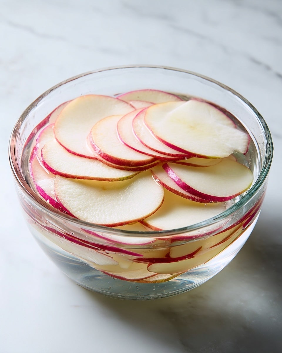 A clear glass bowl filled with thin, round slices of apple layered loosely inside. The apple slices have a pale white inside with light red edges and are submerged slightly in clear water. The bowl sits on a white marbled surface with soft lighting that highlights the freshness and translucence of the apple slices. photo taken with an iphone --ar 4:5 --v 7