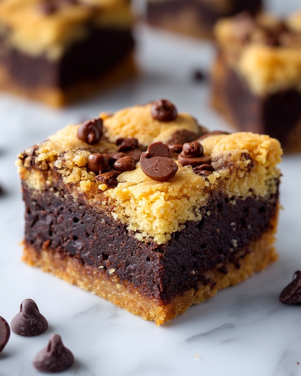 A rectangular dessert with two main layers sits on a wire cooling rack over a white marbled surface; the bottom layer is a rich dark brown brownie base, and the top layer is a light golden cookie dough patchily spread in irregular shapes, dotted with glossy dark chocolate chips scattered across both layers. Nearby, a small white bowl filled with more dark chocolate chips is visible, alongside a knife with a wooden handle and a few loose chips scattered on the surface, photo taken with an iphone --ar 4:5 --v 7