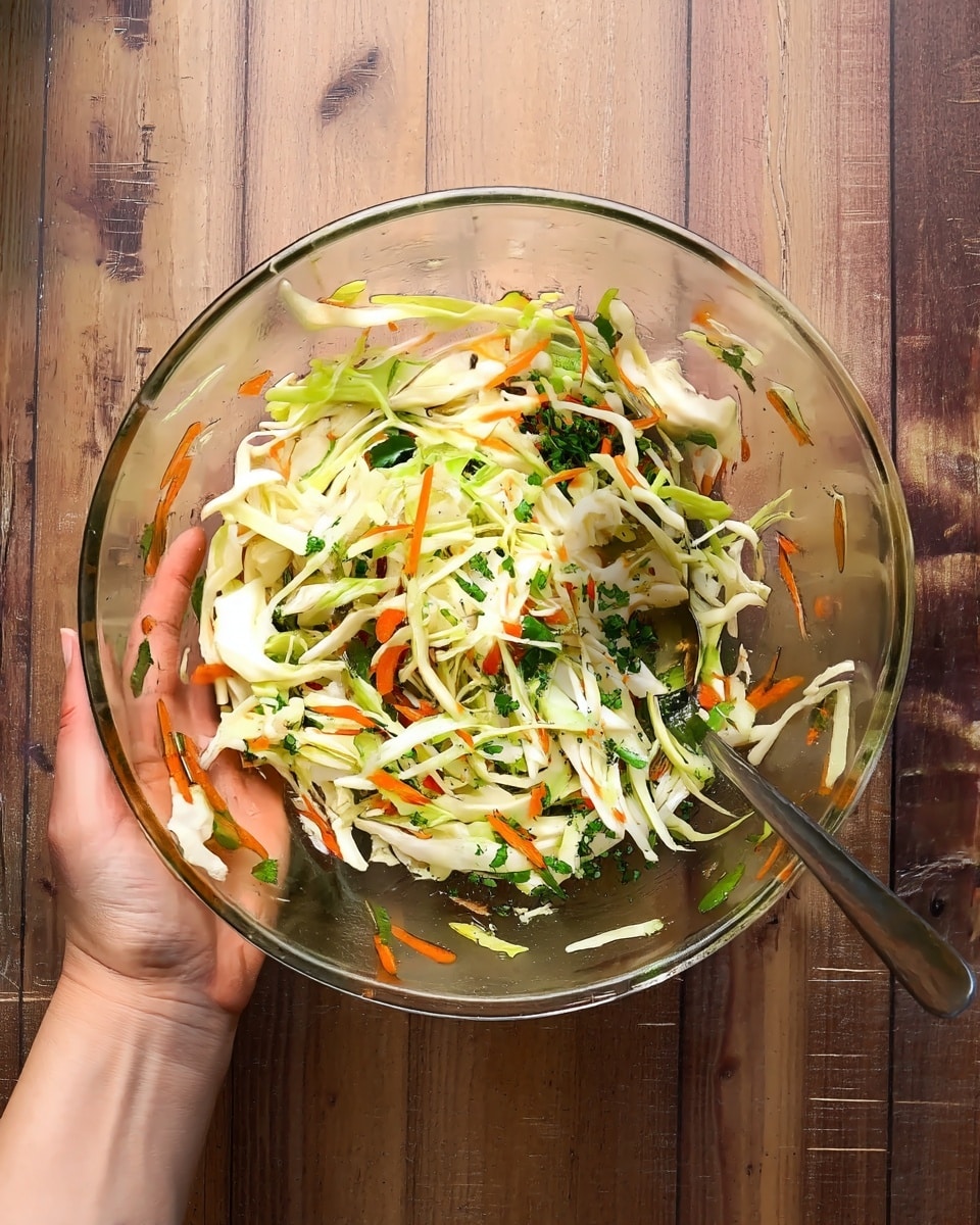 A clear glass bowl filled with shredded cabbage and thin strips of orange carrot, mixed with some green leafy herbs, resting on a wooden surface. A woman's hand is holding the side of the bowl from the left, while a metal spoon is placed inside the bowl on the right side. The cabbage is pale white and light green, creating a fresh, crunchy look, with bright orange carrot pieces adding a pop of color, and small green leaves scattered throughout. photo taken with an iphone --ar 4:5 --v 7