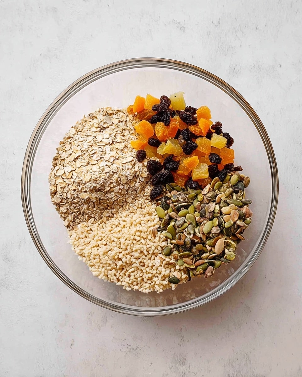 A clear glass bowl on a white marbled surface holds four separate piles of dry ingredients. The top left pile is light beige rolled oats with a rough texture, next to it at the top right are small chunks of orange and yellow dried fruit mixed with dark raisins, the bottom right pile is made up of mixed seeds including green pumpkin seeds and sunflower seeds with a variety of brown shades, and the bottom left pile consists of pale, puffed rice grains creating a soft, airy texture. Photo taken with an iphone --ar 4:5 --v 7