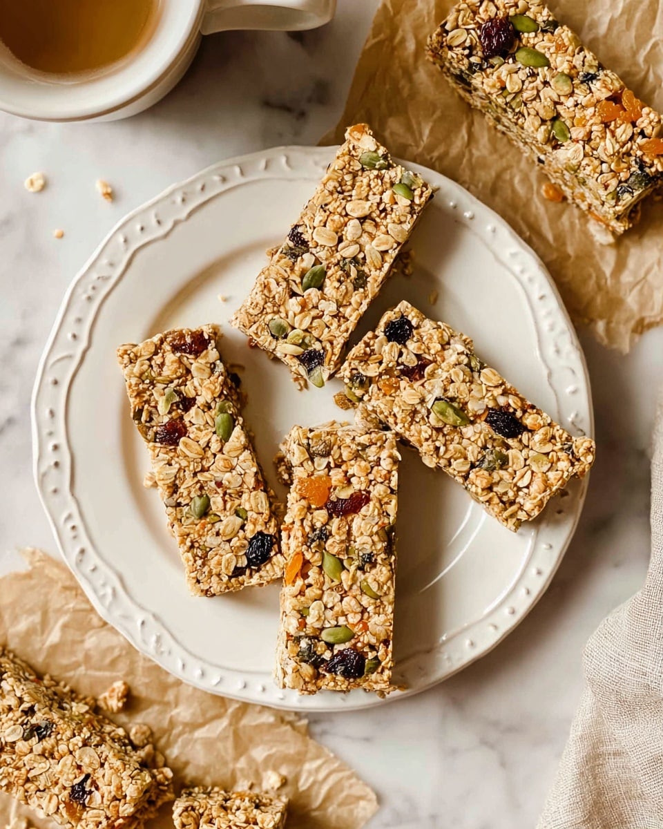 A white plate with a decorative edge holds four rectangular granola bars arranged in a slightly scattered manner, showing a dense texture filled with light golden oats, small green pumpkin seeds, and dark raisins, with a few pieces of dried apricot mixed in. Around the plate on a crinkled light brown paper are three more bars with the same texture and color patterns. The scene includes a white cup partially visible at the top left corner. The whole setup rests on a white marbled surface. photo taken with an iphone --ar 4:5 --v 7