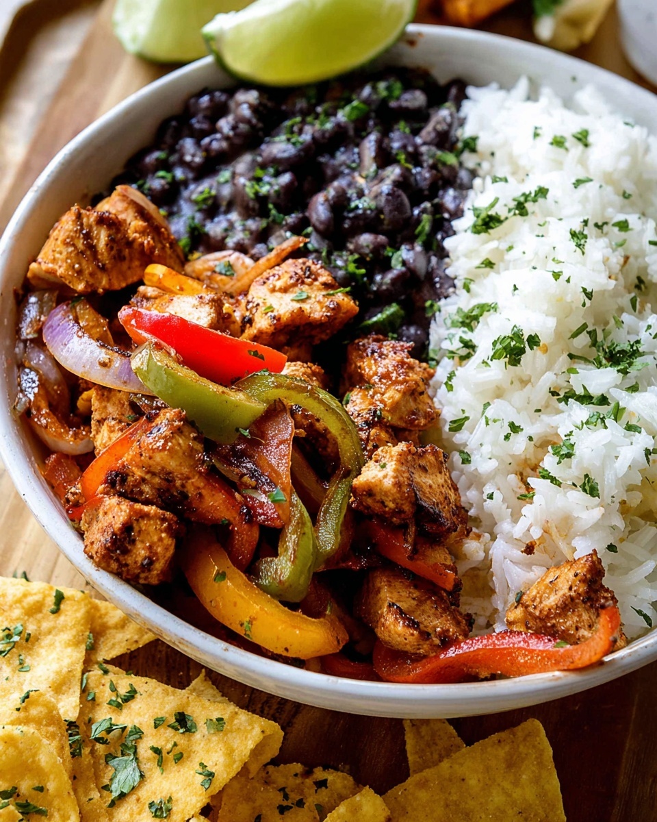 A close-up image of a white bowl filled with three main layers: on the right, a smooth bed of white rice sprinkled with small green herbs; next to it, a serving of black beans topped with more green herbs; and on the left, a colorful mix of cooked chicken pieces coated in spices, with soft, caramelized onion slices, and red, green, and yellow bell pepper strips. A lime wedge sits partially visible at the top edge of the bowl, adding a fresh touch. The bowl rests on a wooden surface with a few broken tortilla chips sprinkled with herbs in the foreground. The photo taken with an iphone --ar 4:5 --v 7