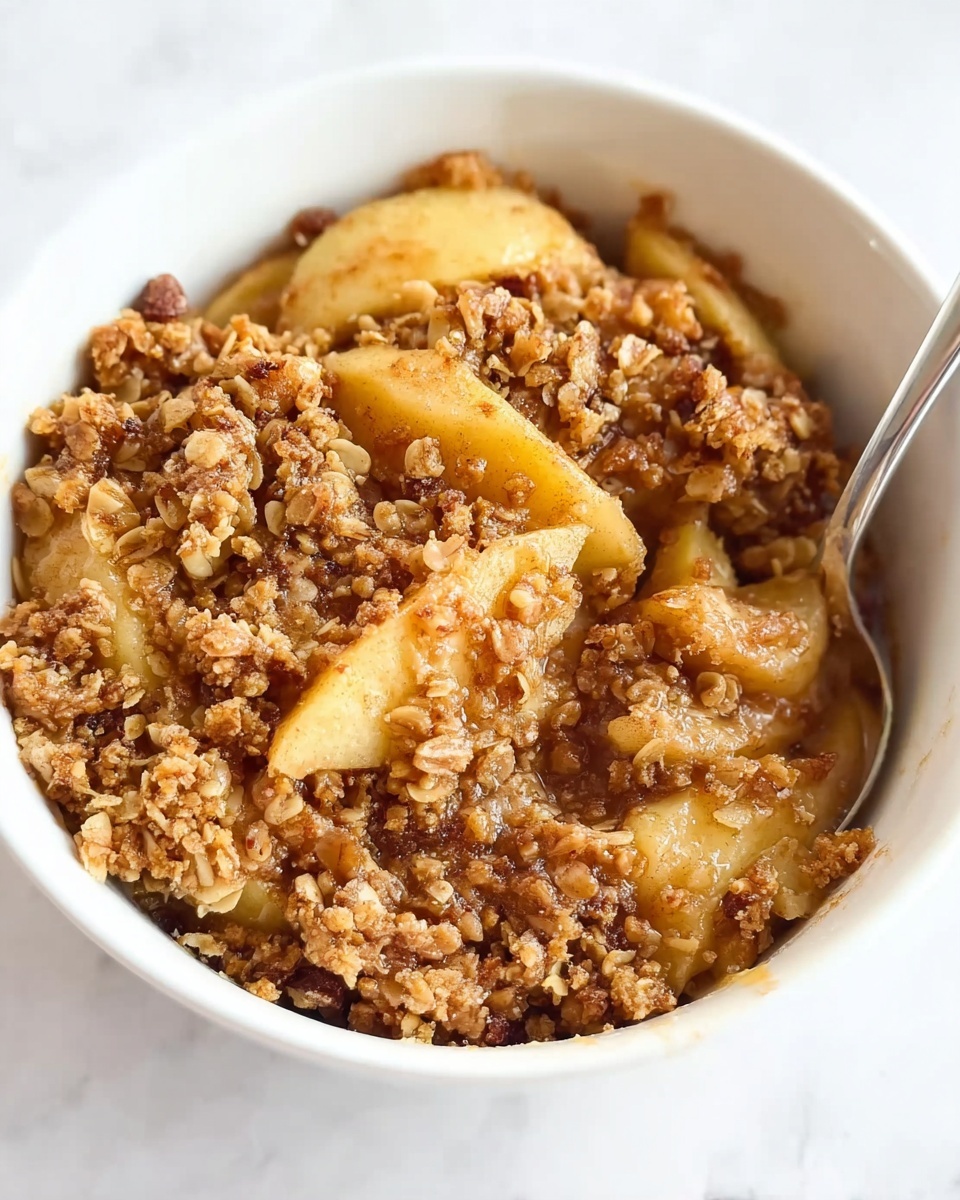 The dish shows soft cooked apple slices covered in a thick amber sauce, placed in the center of a white bowl. On top, there is a crumbly oat and brown sugar topping with a crunchy texture, mixed with small nut pieces. The sauce coats the apples and topping lightly, giving a shiny look. The white bowl sits on a white marbled surface. photo taken with an iphone --ar 4:5 --v 7
