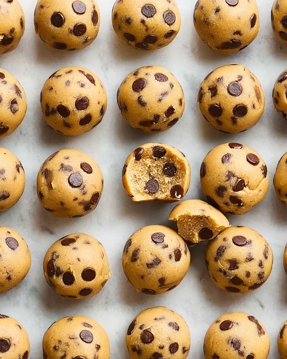 This image shows many small, round cookie dough balls with chocolate chips evenly spread and studded on their golden-brown surface. The cookie dough balls are arranged in neat rows on a white marbled surface. One cookie dough ball near the center has a bite taken out, showing a soft and dense inside texture with chocolate chips inside. Each ball is smooth with visible chocolate chips in dark brown, creating a contrast against the lighter dough. The scene is simple and bright, with no extra items visible around the dough balls. photo taken with an iphone --ar 4:5 --v 7