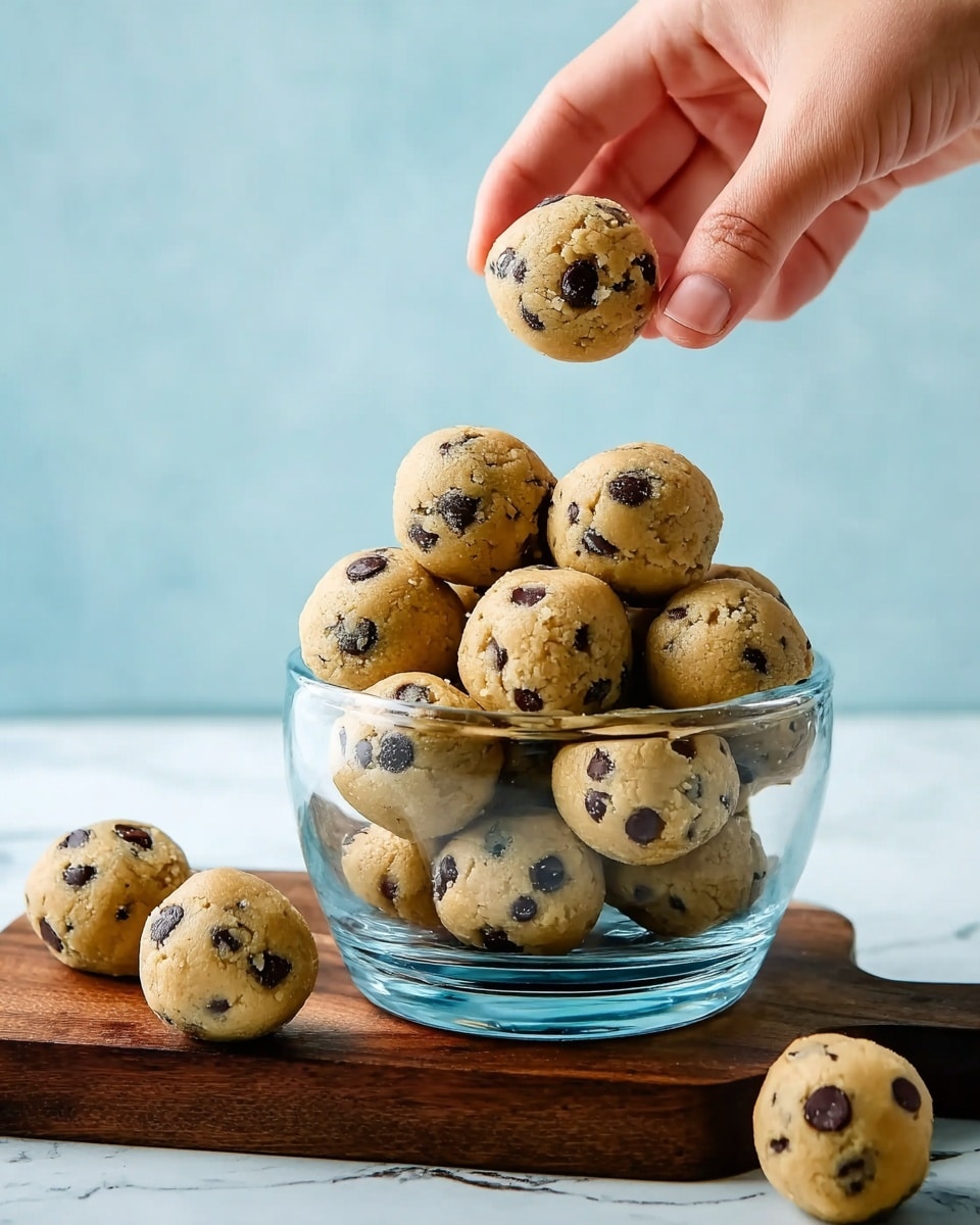 There is a clear glass bowl filled with round cookie dough balls dotted with dark chocolate chips stacked inside and overflowing slightly. The bowl is placed on a dark wooden board with a few extra cookie dough balls scattered around it. A woman's hand is reaching from the top right, holding one cookie dough ball. The background is a light blue color with a white marbled textured surface beneath the wooden board. photo taken with an iphone --ar 4:5 --v 7