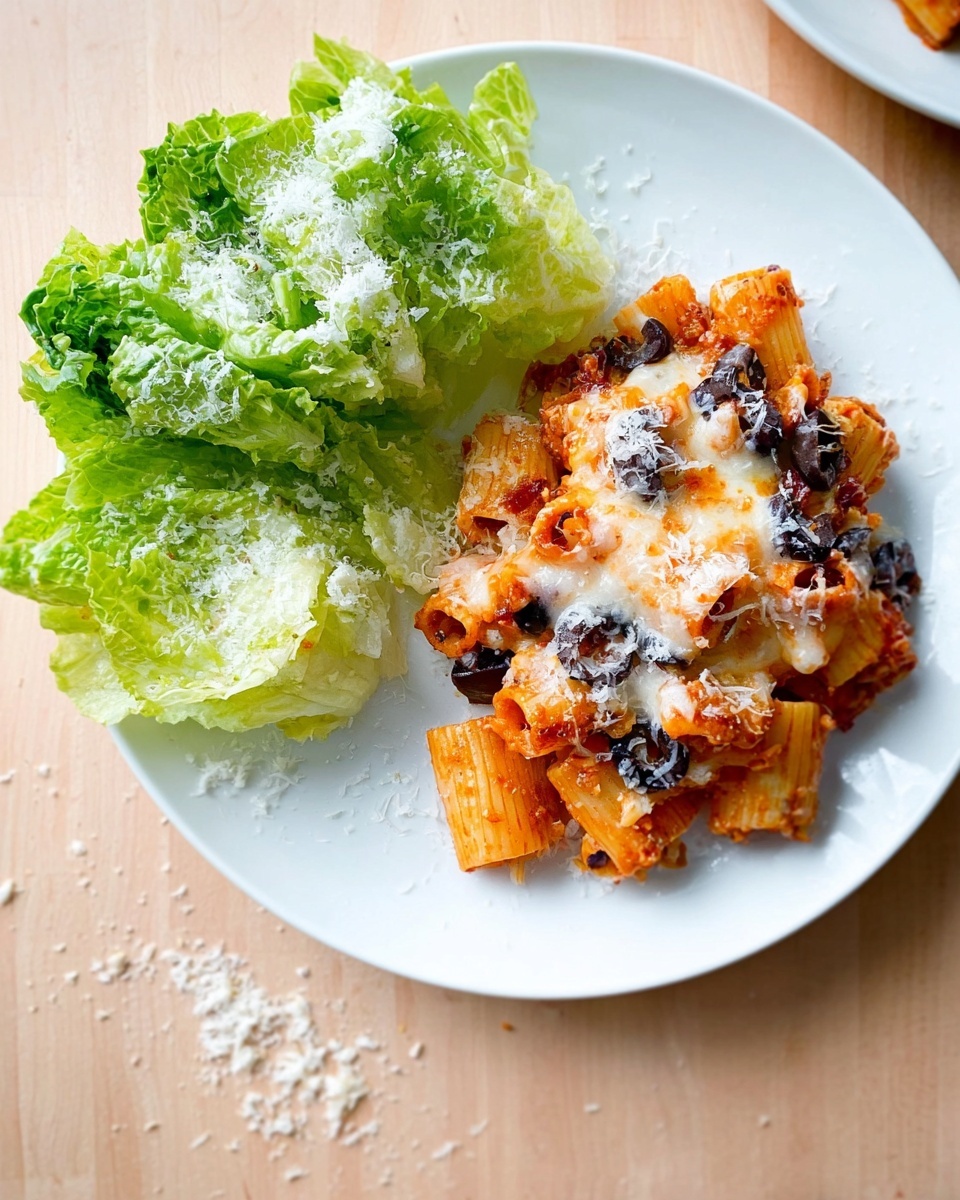 A white plate holds a serving of baked rigatoni pasta topped with melted cheese and bits of dark olives, showing a mix of golden brown and orange colors with some pasta edges slightly browned. Next to the pasta is a small pile of green romaine lettuce leaves sprinkled with finely grated white cheese. The plate is set on a light wood surface with a few stray grated cheese bits around. Photo taken with an iphone --ar 4:5 --v 7