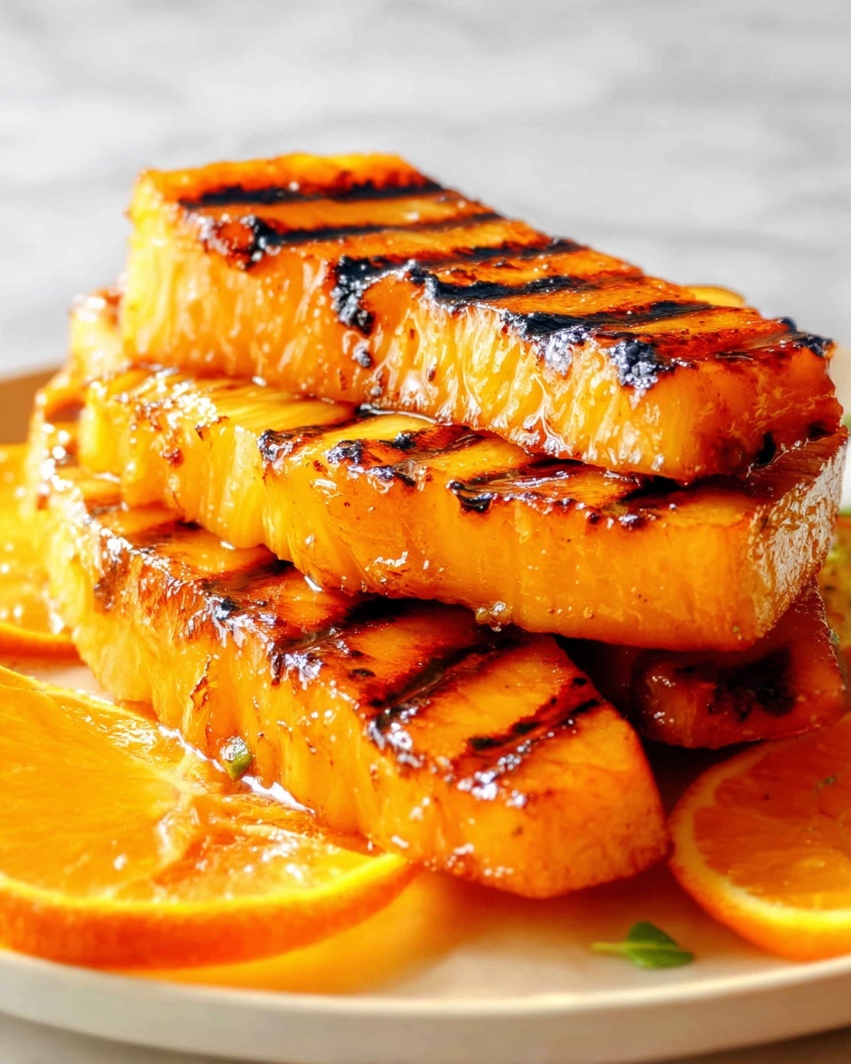 The image shows four grilled salmon fillets stacked unevenly on top of each other on a white plate. Each fillet is bright orange with visible grill marks in black, giving a slightly charred texture. The salmon surfaces are shiny and moist, reflecting light, and the thickness of the fillets varies slightly with textured edges. Around the salmon are orange slices beneath the fillets, adding a pop of bright orange color contrasting with the rich salmon tones. The background is a white marbled surface with soft lighting highlighting the glossy, cooked fish. Photo taken with an iphone --ar 4:5 --v 7