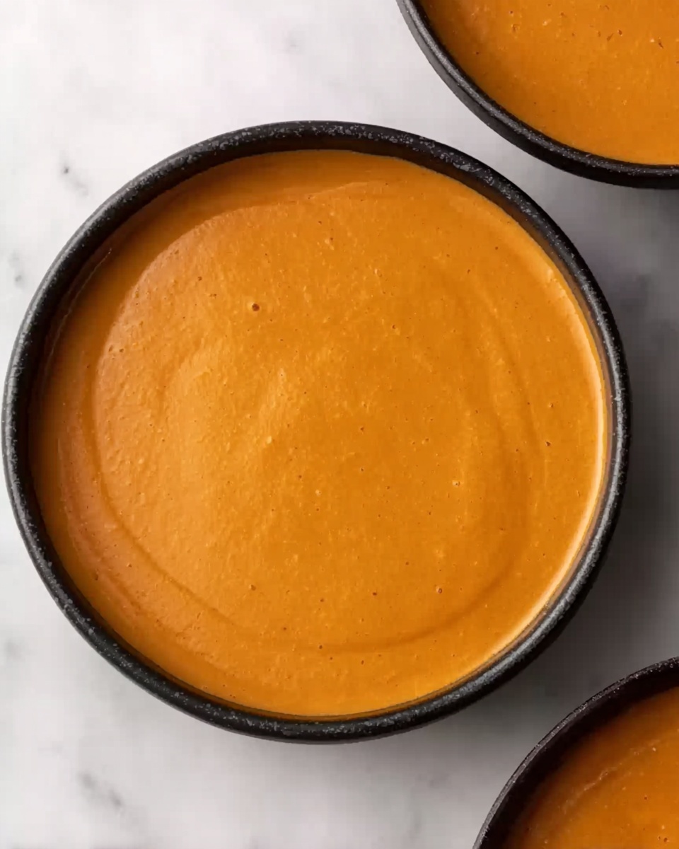 A round black bowl filled with a smooth, thick, orange soup that has a velvety texture. The soup layer is even and glossy, filling the bowl almost to the edge. Part of a second bowl with the same soup is visible near the top right corner. The bowls are placed on a white marbled surface. Photo taken with an iphone --ar 4:5 --v 7
