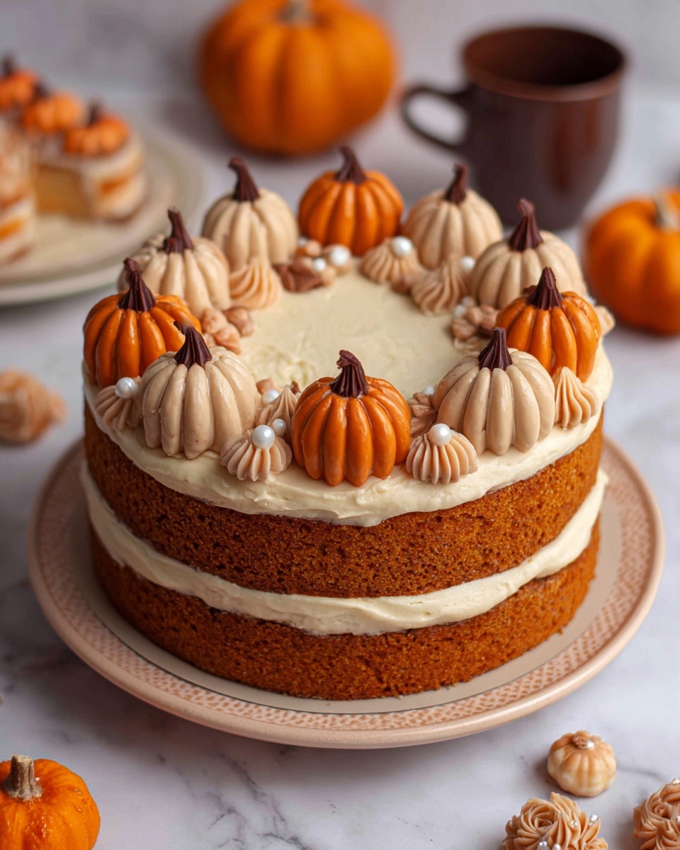 A two-layer round cake stands on a pale plate with a textured edge, each layer being a rich orange color with a light cream-colored frosting between and covering the outside. The top of the cake is decorated with small pumpkin-shaped dollops in shades of tan and orange, each topped with a dark brown tip, arranged neatly around the edge. Small beige swirls and tiny white pearl-like decorations fill the gaps between the pumpkins. The background shows a white marbled surface with small pumpkins and a dark brown cup softly blurred behind the cake. Photo taken with an iphone --ar 4:5 --v 7