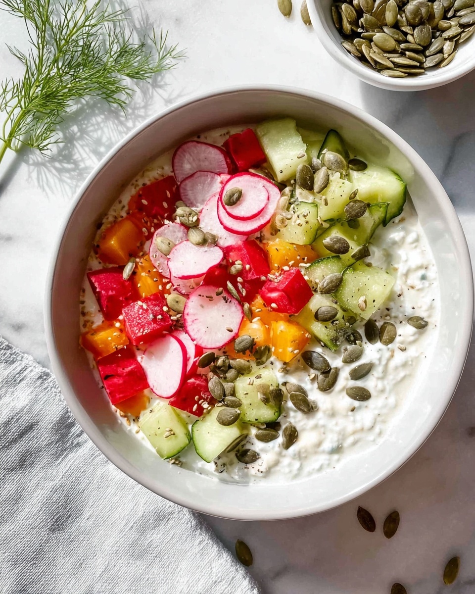 A white bowl holds a creamy white base layer with visible small texture bits, resembling cottage cheese or yogurt. On top, there is a mix of colorful vegetable layers: bright red cubed pieces, thin round slices of pale pink radishes with white centers, and pale green cucumber chunks with a slightly rough texture. Dark green pumpkin seeds are scattered unevenly across the surface, adding contrast. The bowl sits on a white marbled surface with some fresh green dill sprigs to the side, along with a small bowl of pumpkin seeds partially visible. The lighting is bright and natural, highlighting the freshness of the ingredients. photo taken with an iphone --ar 4:5 --v 7