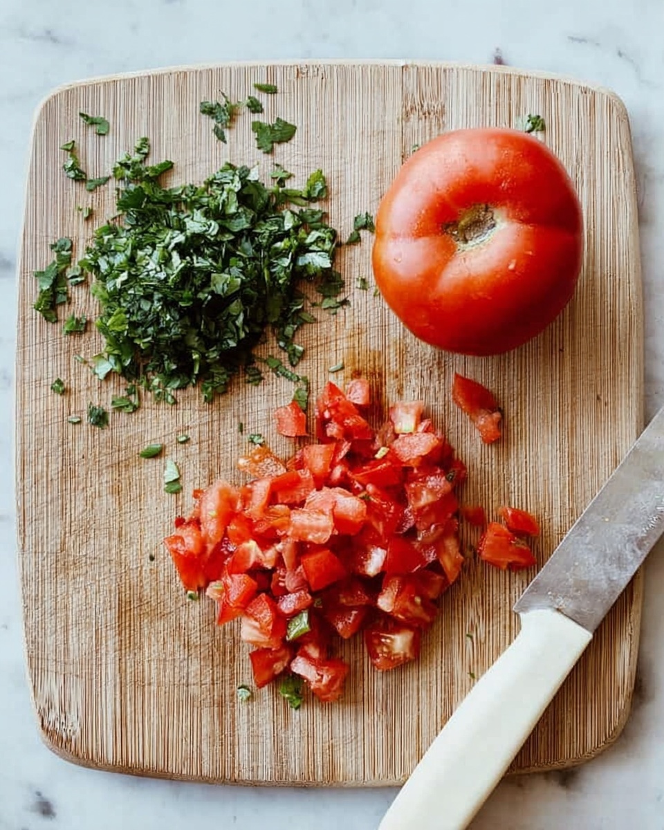 A light wooden cutting board with green chopped herbs on the left, small diced red tomato pieces in the middle, and one whole red tomato on the top right. A white knife with some tomato parts is on the far right. The background is a white marbled texture. photo taken with an iphone --ar 4:5 --v 7