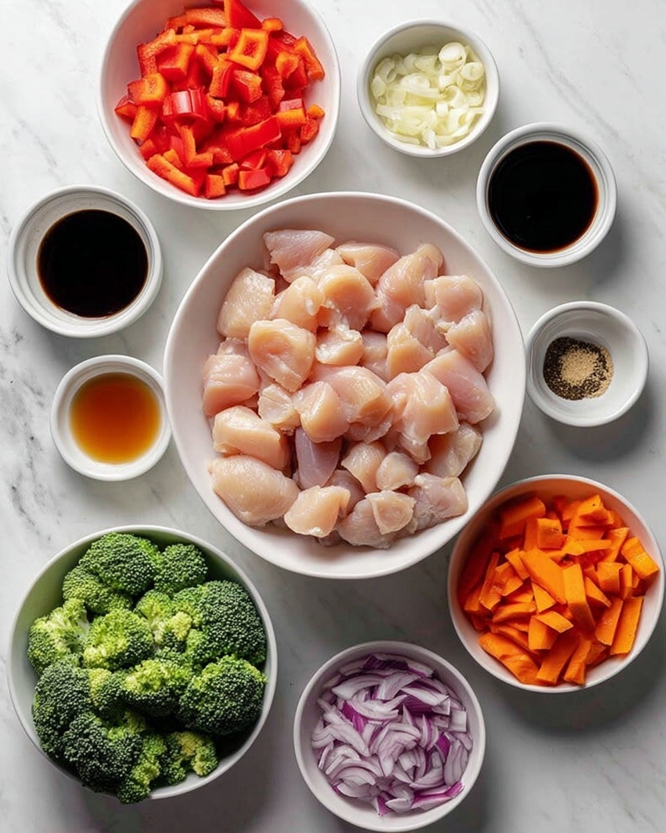 A white bowl in the center filled with raw chicken pieces, surrounded by smaller white bowls with colorful ingredients: chopped red bell peppers, green broccoli florets, orange carrot sticks, sliced purple onions, minced garlic, brown sugar, black pepper, salt, soy sauce, and a dark liquid sauce. The bowls rest on a white marbled surface, neatly arranged to show the fresh and varied textures and colors of the ingredients, photo taken with an iphone --ar 4:5 --v 7